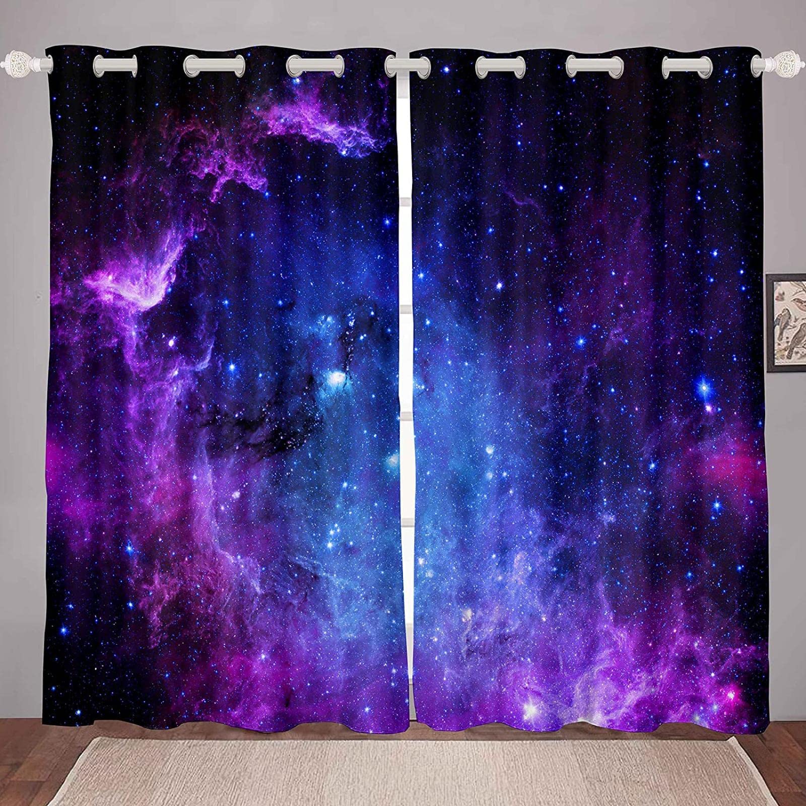 Lot De 2 Rideaux Occultants Galaxy Adolescents Bleu Ciel Étoilé Violet 264X240Cm - Rideau Occultant - Rideau Opaque avec Œillets - Double Rideaux Occultant - Rideau Fenetre