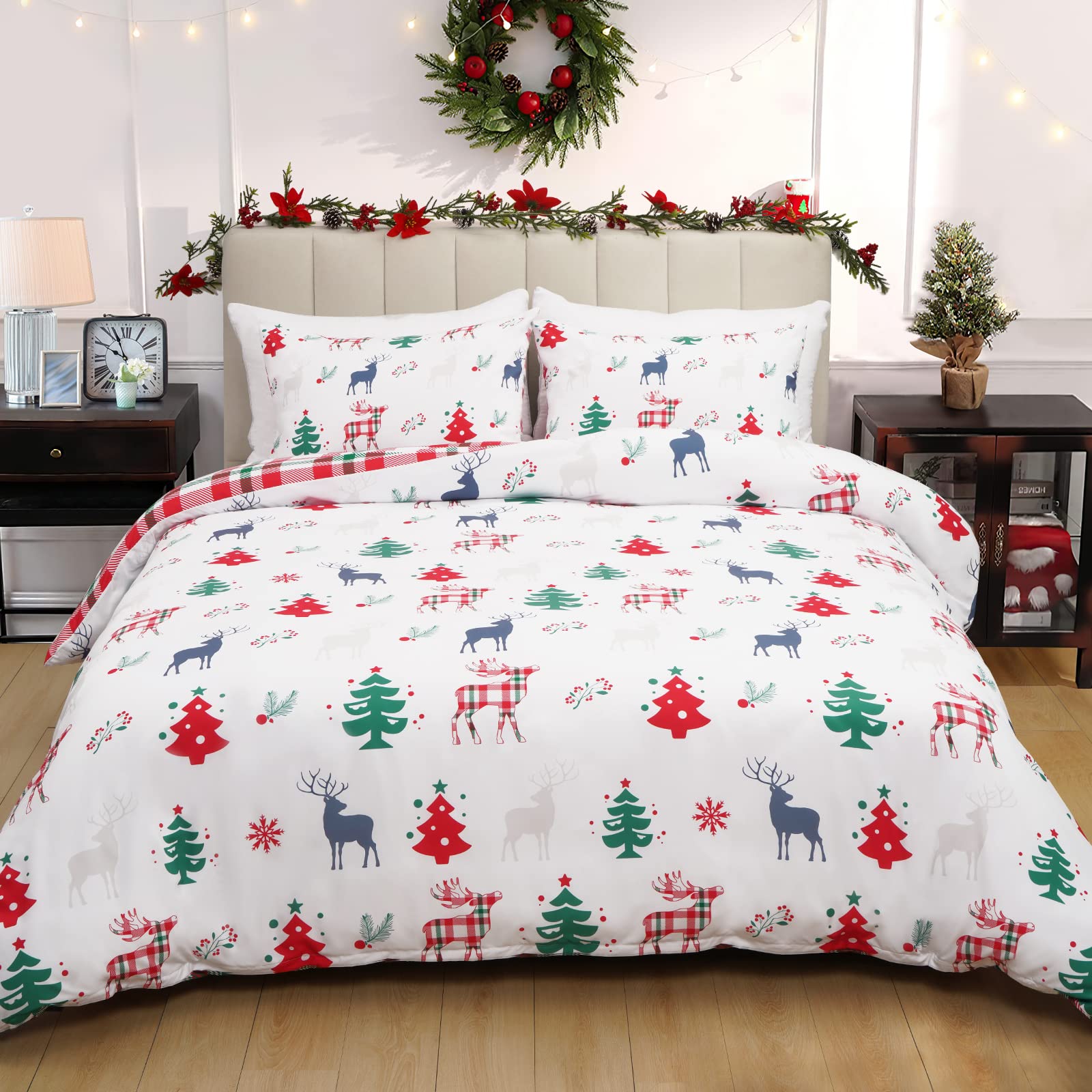 Christmas Duvet Cover Set Queen Reindeer Comforter Cover Set 3 Pieces Christmas Tree Snowflake Bedding Cover Reversible Xmas Plaid Quilt Cover with Zipper Closure(1 Duvet Cover, 2 Pillow Shams)