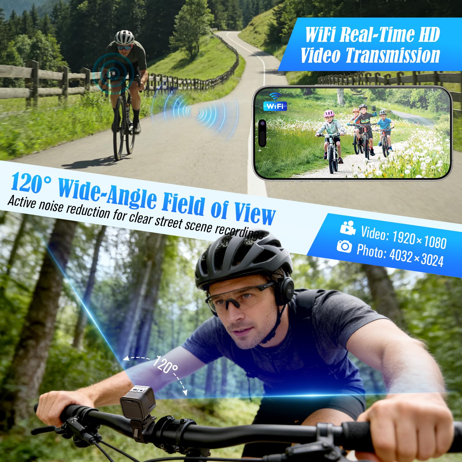 Mini Action Cam,WiFi 1080P HD & 120° Wide Angle Helmet Camera, versione migliorata Dashcam bicicletta con scheda di memoria da 64 GB
