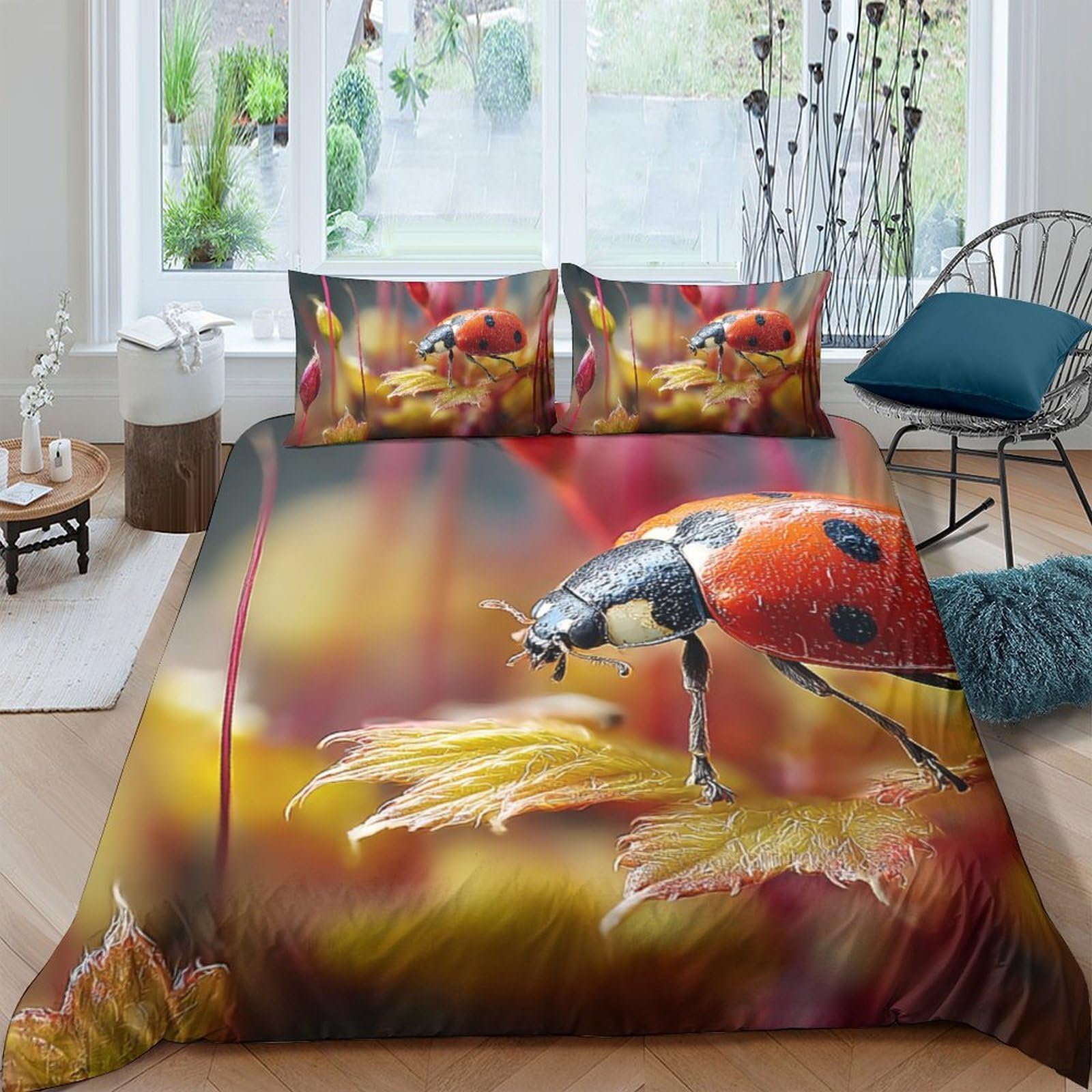 Ctjqhvkz Style-1 3D Printed Ladybug Autumn Leaves Fitted Sheet Microfiber Soft Non-Slip Bed Sheet For Bedroom Guest Room Decor Single（135X200cm）