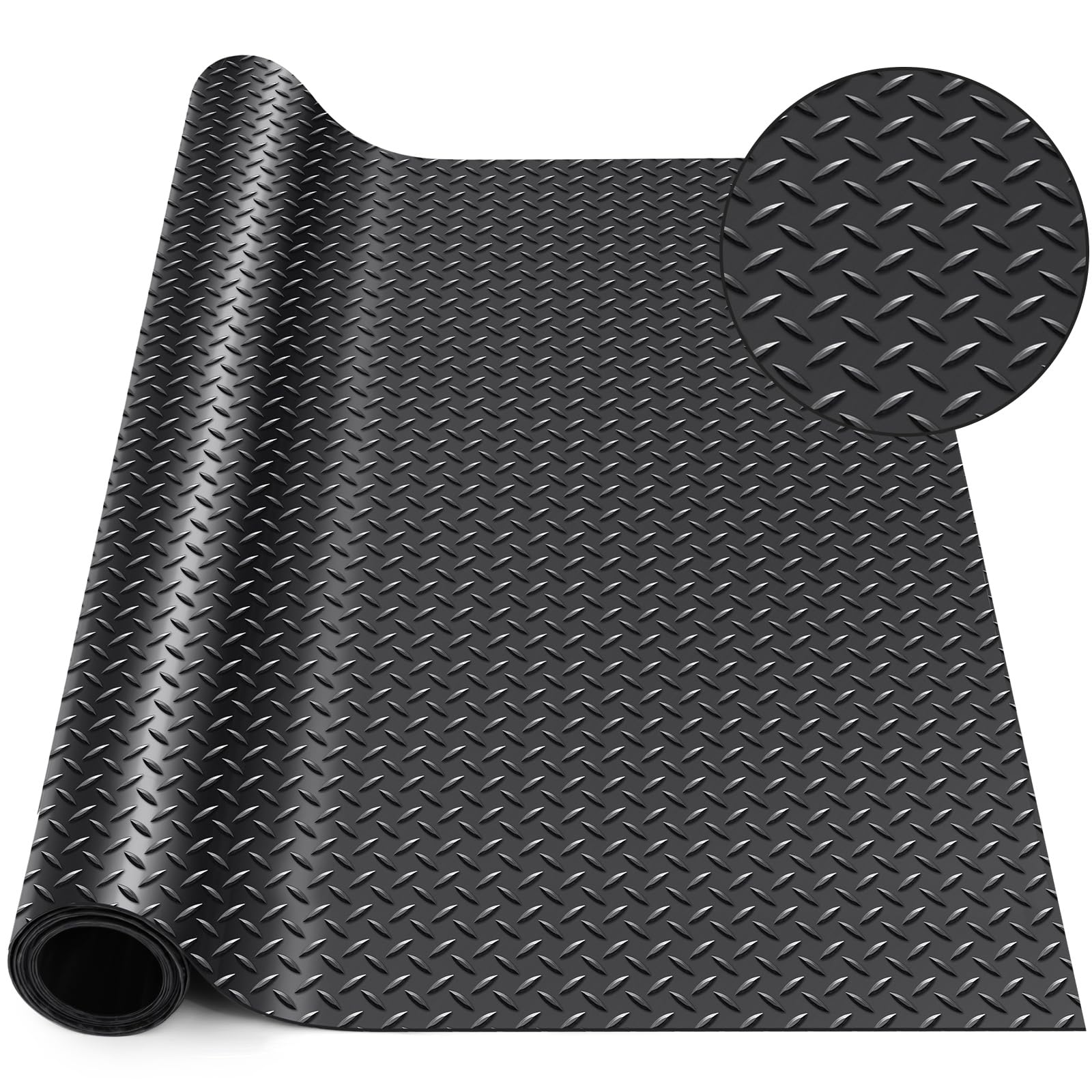 Breling 30 in × 5 ft Rubber Flooring Rolls Mats, Heavy Duty Diamond Plate Coin Plate Garage Floor Mat, PVC Water/Stain Outside Resistant Parking Rv Trailer Flooring Black