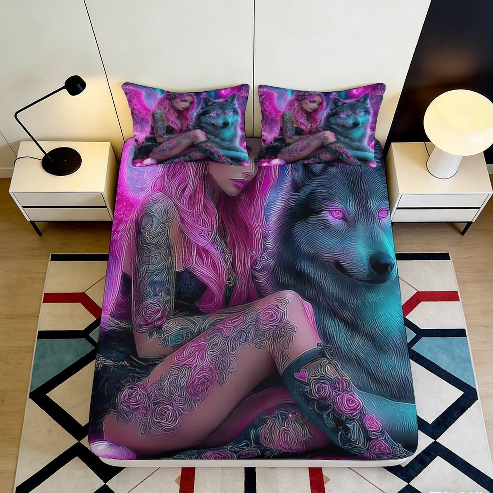 3D Printed Tattoo Girl Wolf Fitted Sheet Microfiber Purple Neon Bed Cover Non-slip Machine Washable Decor 90x200x25cm