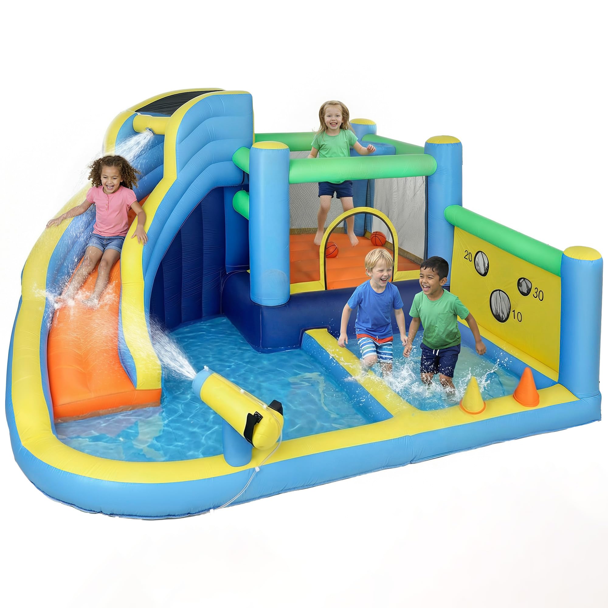 AIYAPLAY Château gonflable avec souffleur 8 en 1, parc aquatique toboggan, trampoline, piscine à balles, mur d'escalade, panier de basket, jeu de tir à la balle, jeu de lancer d'anneaux, 350x320x190cm