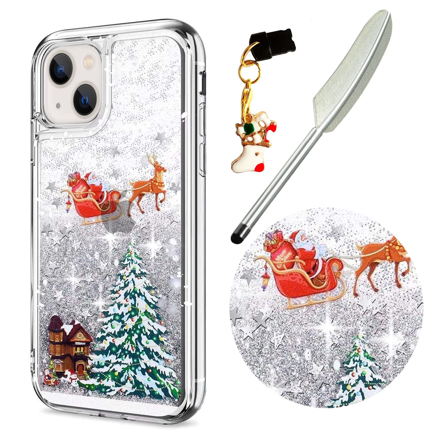 ReevermapiPhone 14 Case Christmas Phone Case, Protective Clear Shiny Glitter Liquid Floating Soft Silicone Xmas Santa Claus Cover for iPhone 14 & 1 Touch Pen & 1 Dust Plug, Silver
