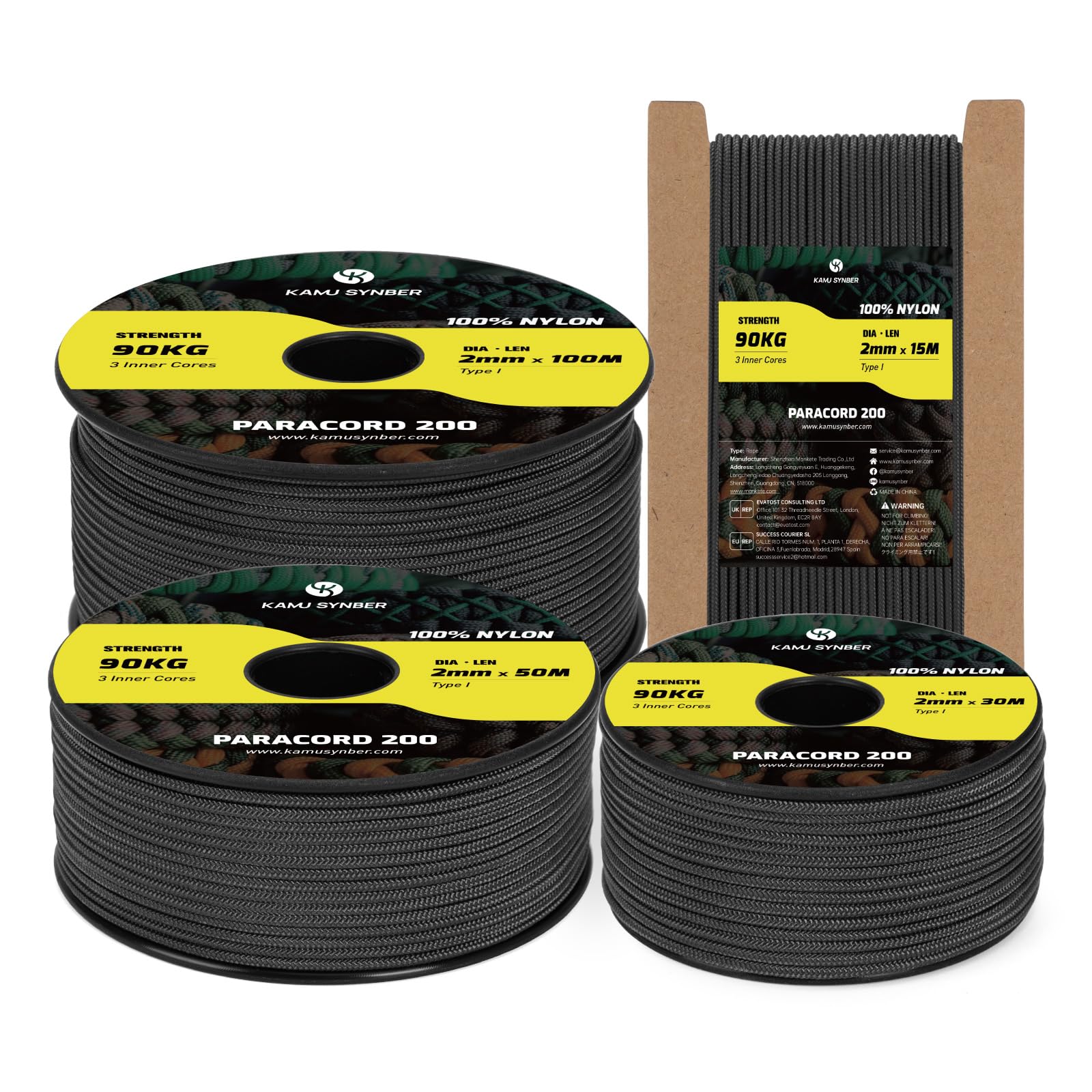 Paracord 2mm 15M 100% Nylon 3 Fili Tipo I Corda Paracadute per Artigianato, Esterno, Fatto a Mano | Supporto 90kg | Nero