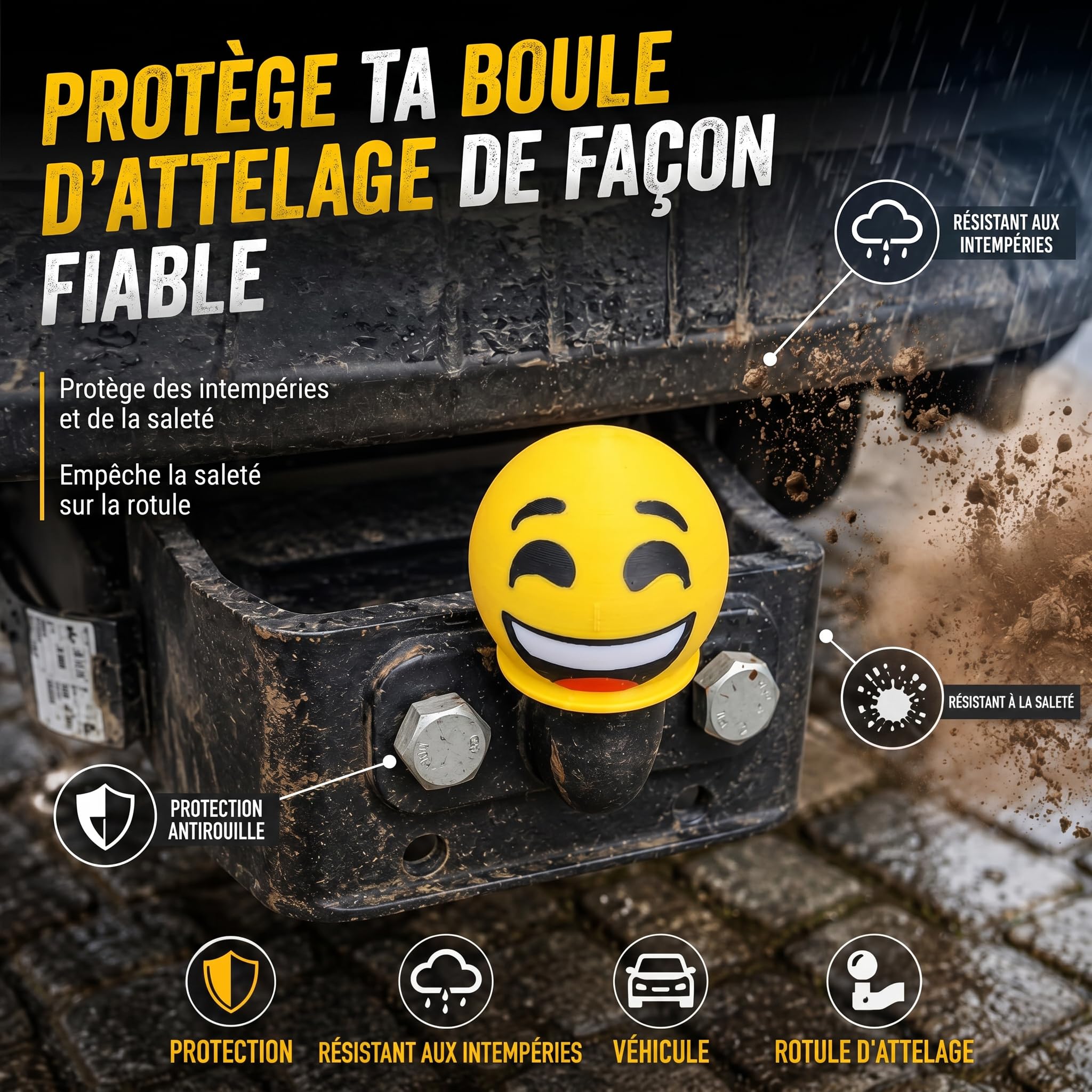 Couvercle d'attelage Smiley 50 mm - Capuchon de protection universel pour voiture, SUV, remorque