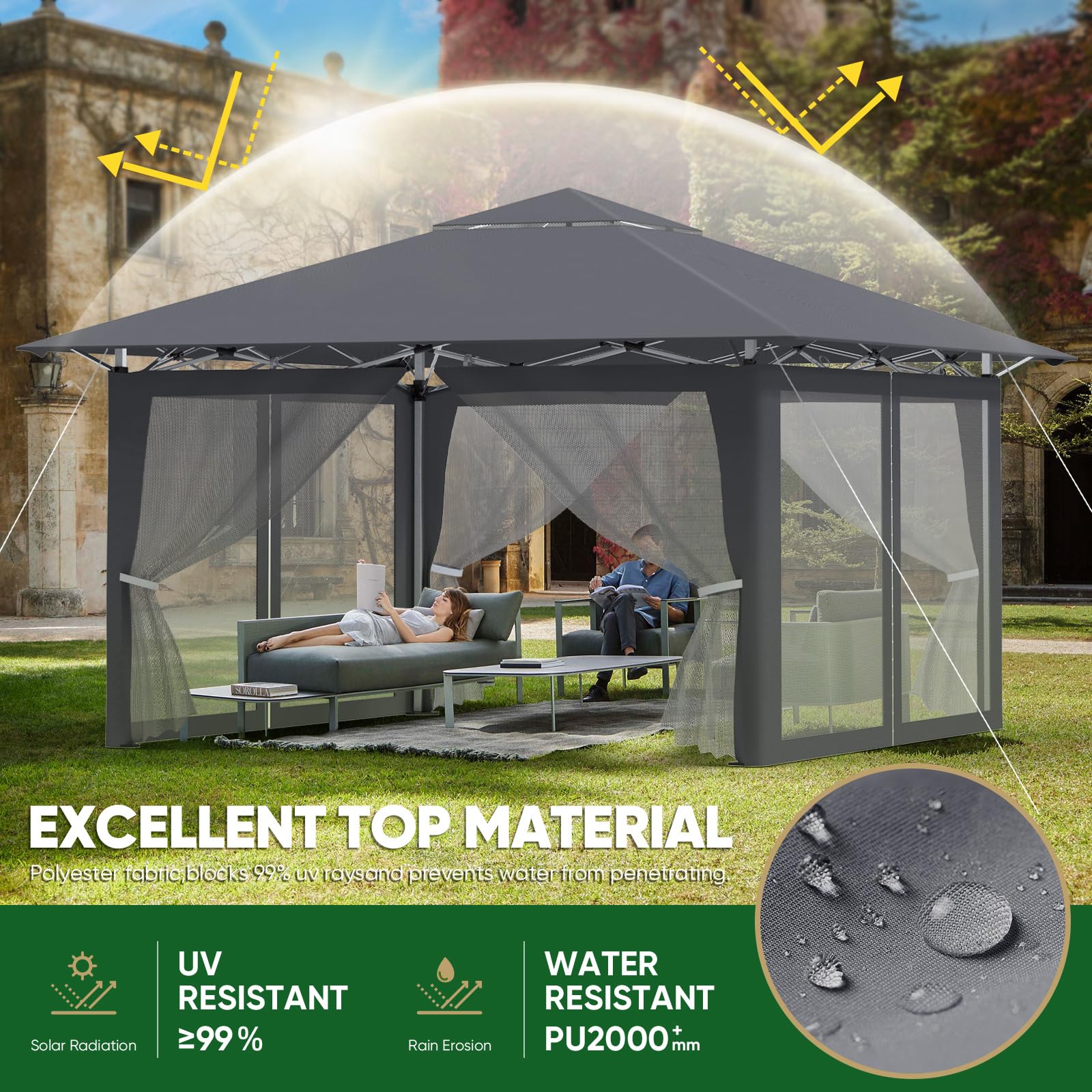 Faltpavillon 4X4 Höhenverstellbar, Pop-Up Pavillon, Gartenpavillon mit 4 Moskitoseitenteilen-Transporttasche-Windseil-Erdnägel, Metall & 210D Oxford-Gewebe, Zelt für Gartenparty Wasserdicht, Anthrazit