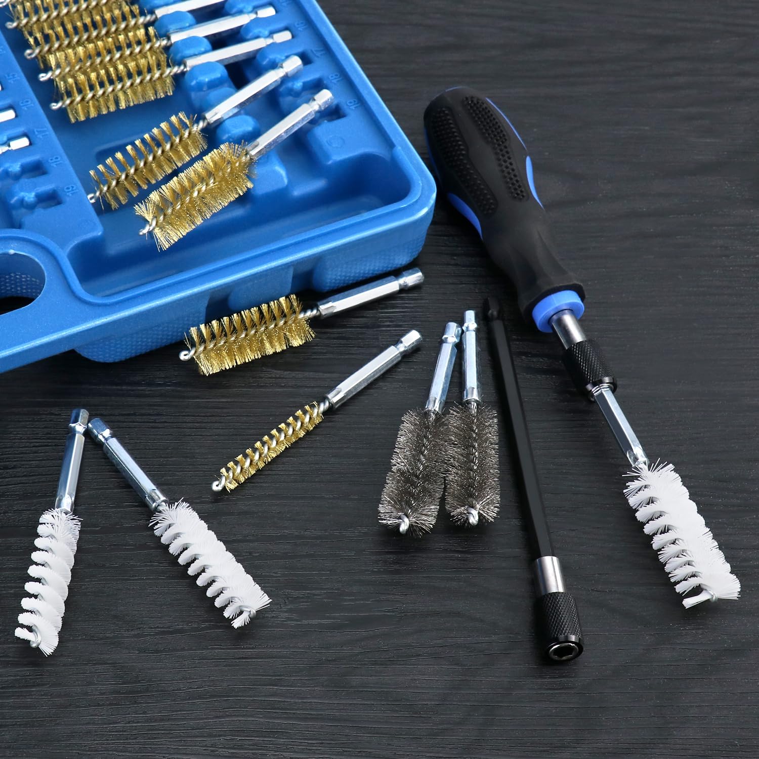 QWORK® Jeu de brosses de nettoyage 38 pièces, Brosses rondes 8-19 mm en nylon/laiton/acier avec rallonge de 150 mm