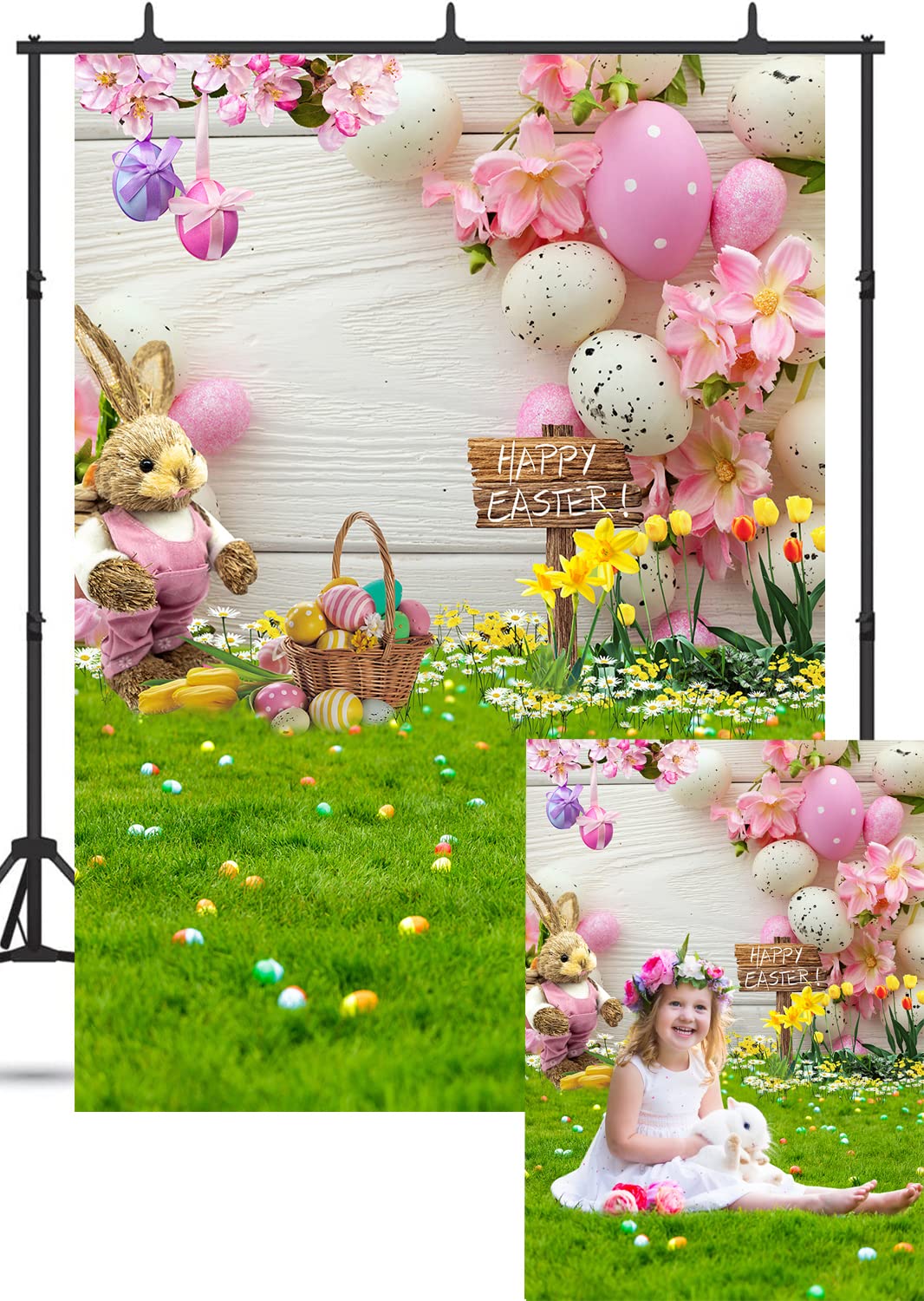 LTLYH5x7ft Spring Easter Floral Bokeh Backdrop Easter Decorations Photo Background Easter Colorful Eggs Fence Grass Wall Decor Background 171…