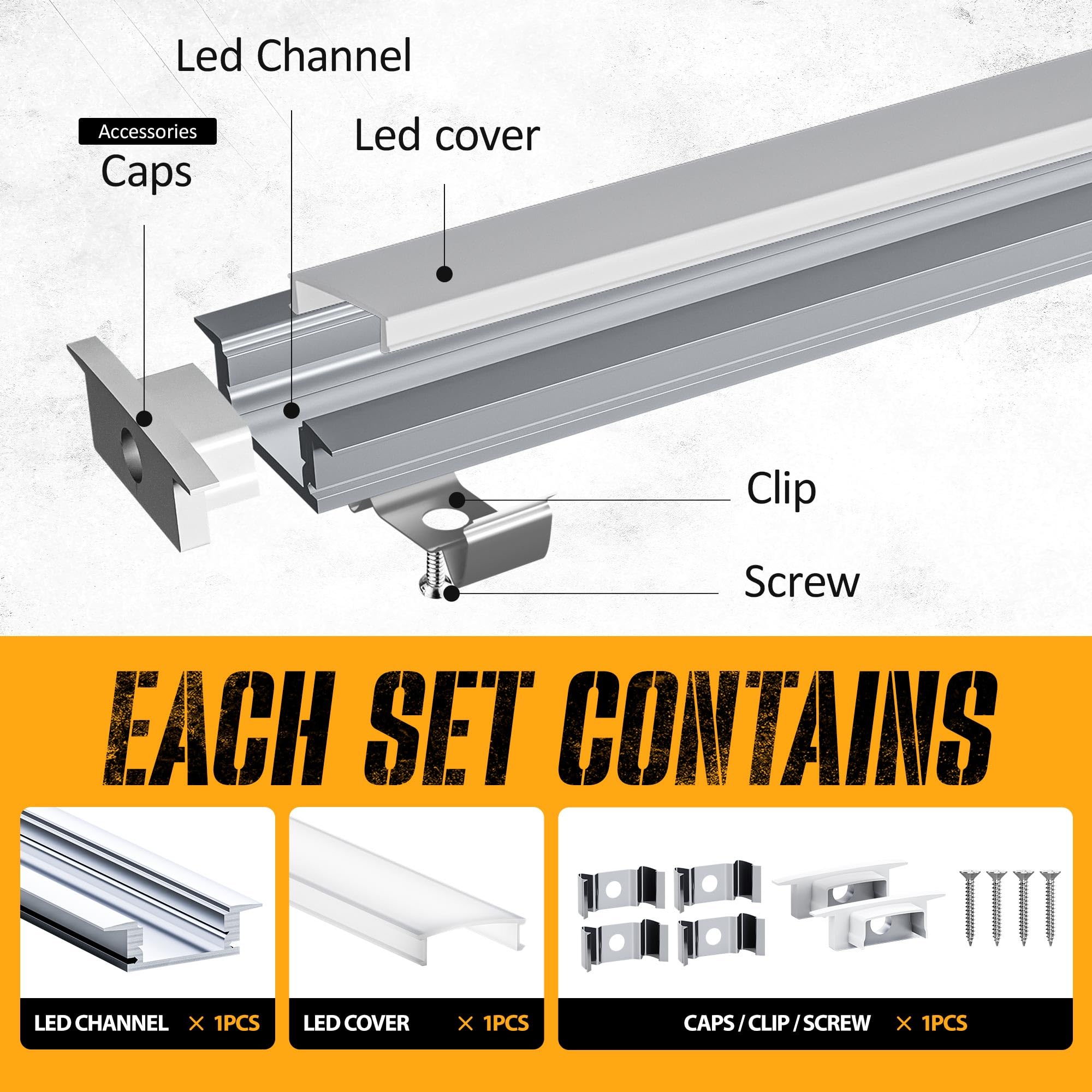 Perfil Aluminio Tira LED 2m (6 Unidades), Perfil LED con Difusor LED Opaco, Canaleta Tira LED para Tiras de Hasta 12mm, Incluye Tapas y Clips de Montaje - Tamaño 24.7 × 7mm (6*2M(Total 12M))