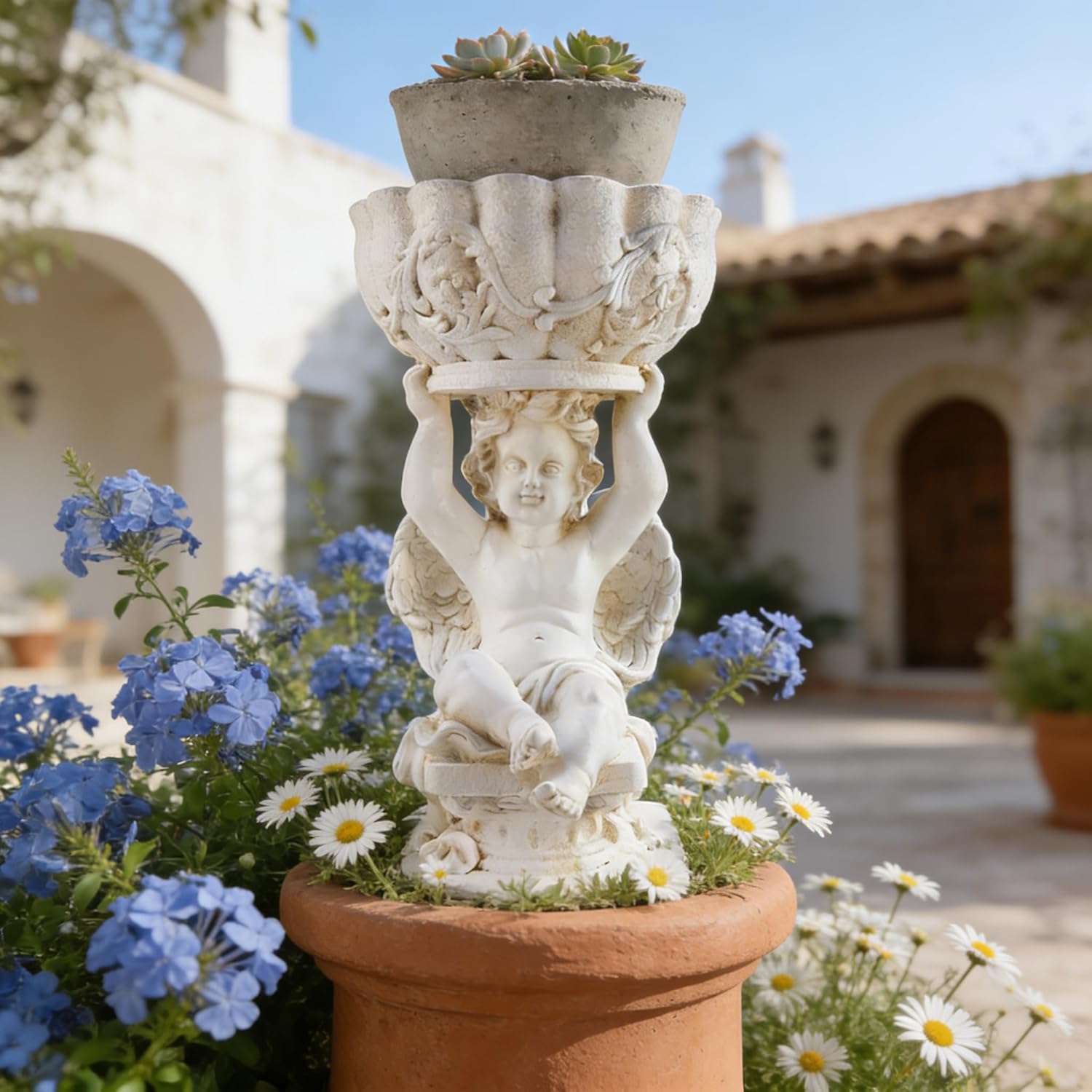 Vintage Angel Column Resin Base with Scrollwork & Angel Motifs - Standing Pedestal, Indoor/Outdoor Decor for Porch, Terrace, Festival Gift