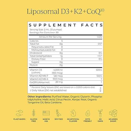 Miniatura 4 de CYMBIOTIKA Vitamina D3 + K2 + CoQ10 líquido, suplemento de vitamina D para apoyo inmunológico, salud cardíaca y salud ósea, refuerzo de energía,