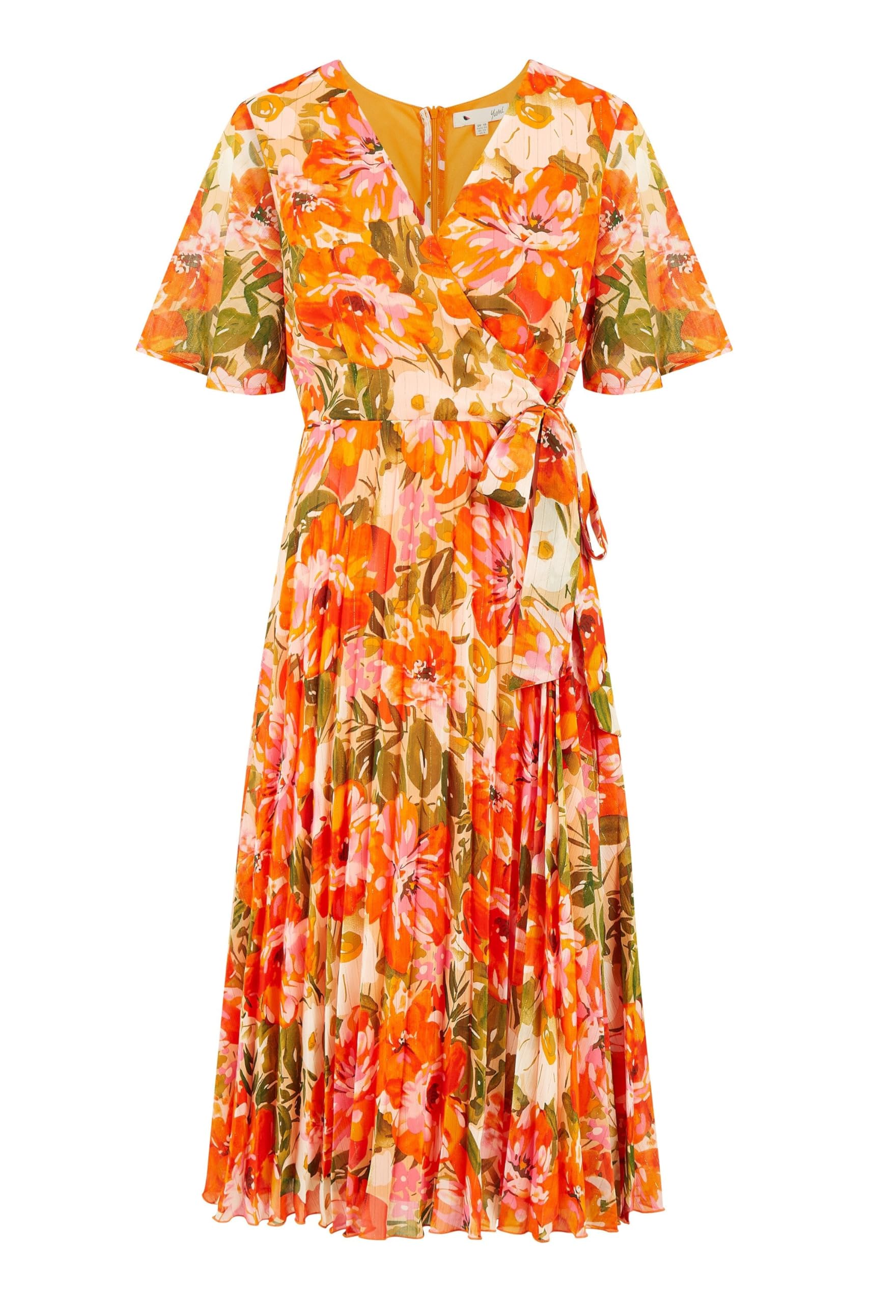 Yumi Women's Orange Floral Midi Wrap Pleated Dress (Uk, Numeric,, Regular, Regular, ) Size 16
