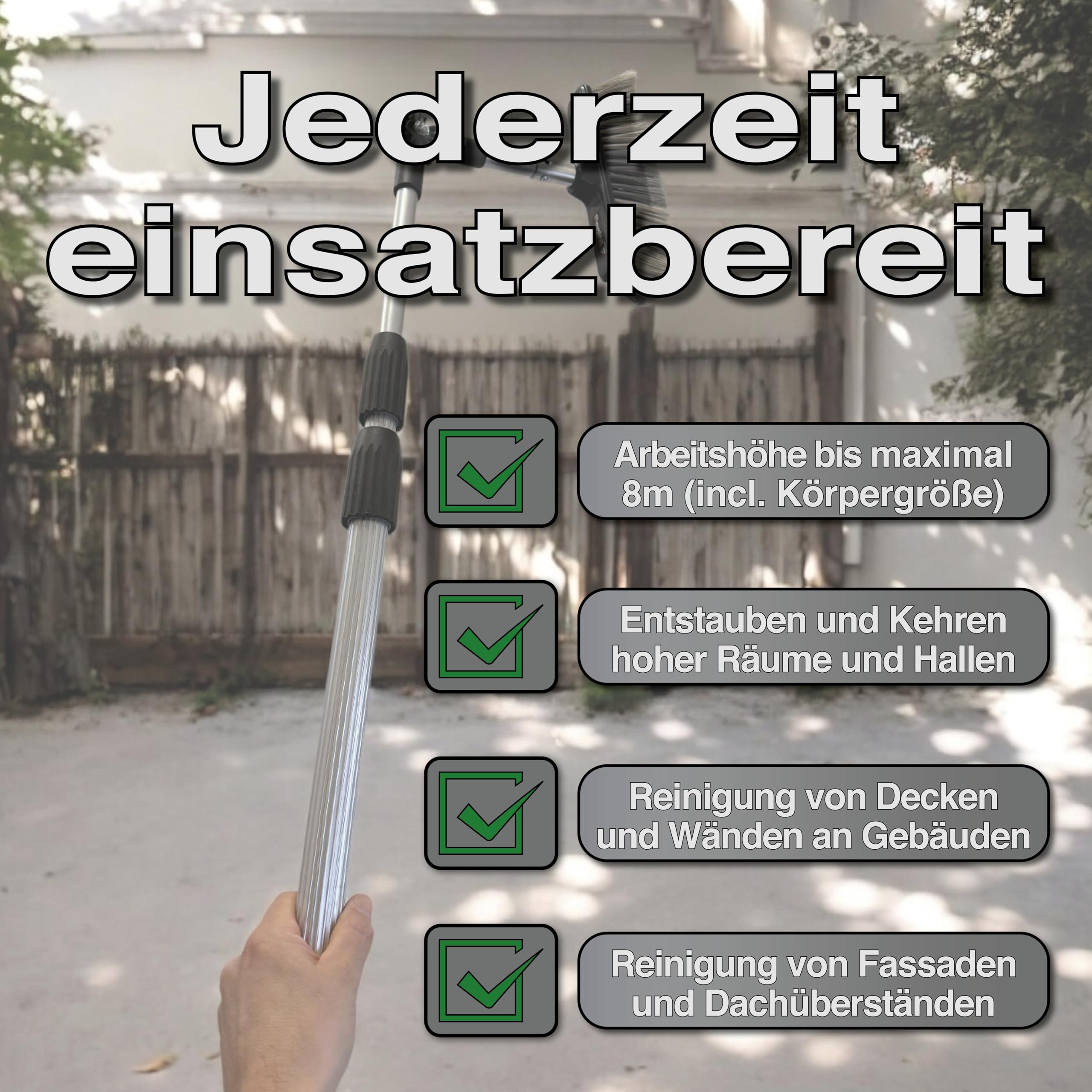 FenWi 6m Teleskopbesen Komplett Set mit 6 Meter Aluminium Teleskopstiel Winkelbesen Staubwedel Besenaufsatz (Flachbesen) und Knickgelenk für hohe Räume, Terrasse und Wintergarten