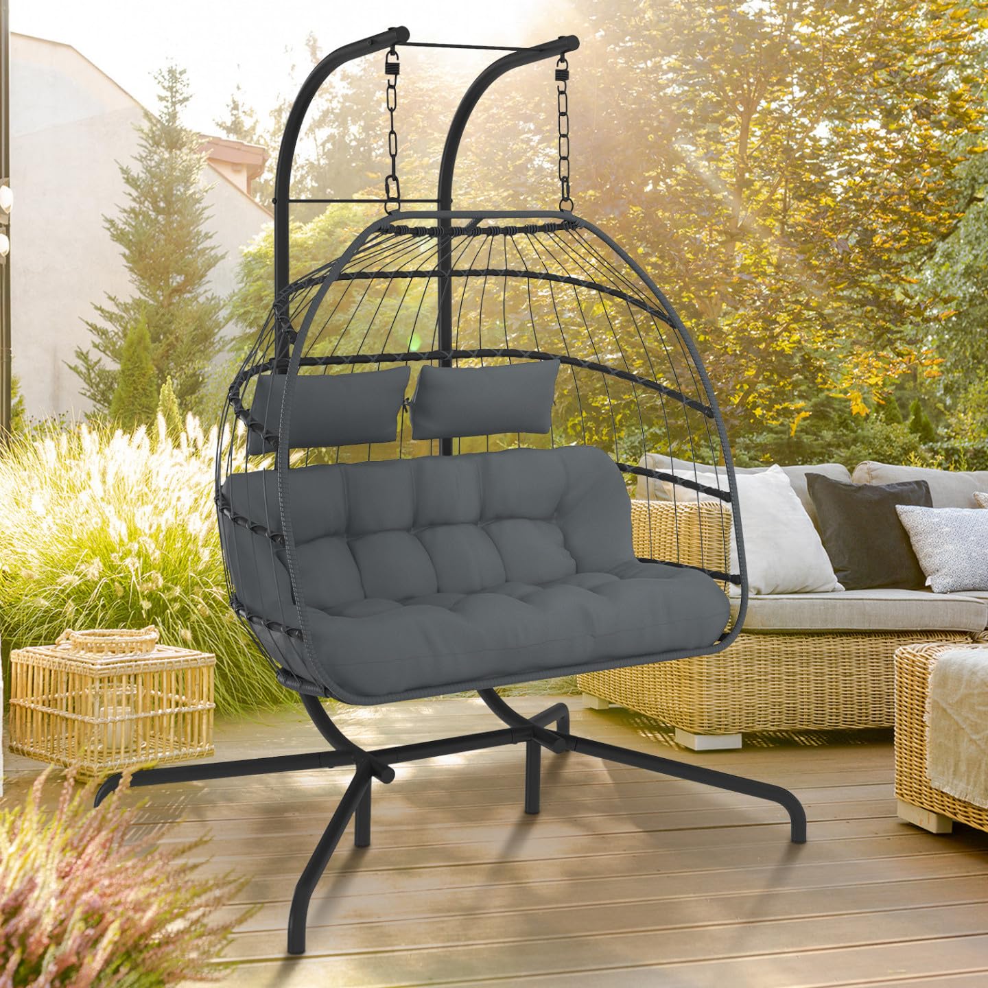 IDMarket - Fauteuil Oeuf Suspendu ajouré 2 Places Effet rotin Gris avec Coussin Gris