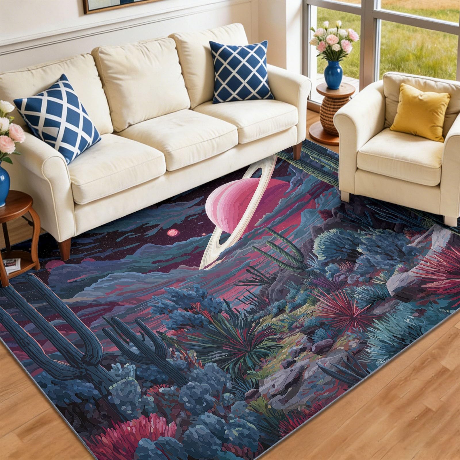 Tapis salon moelleux enfant motif planète rose bleu tapis intérieur