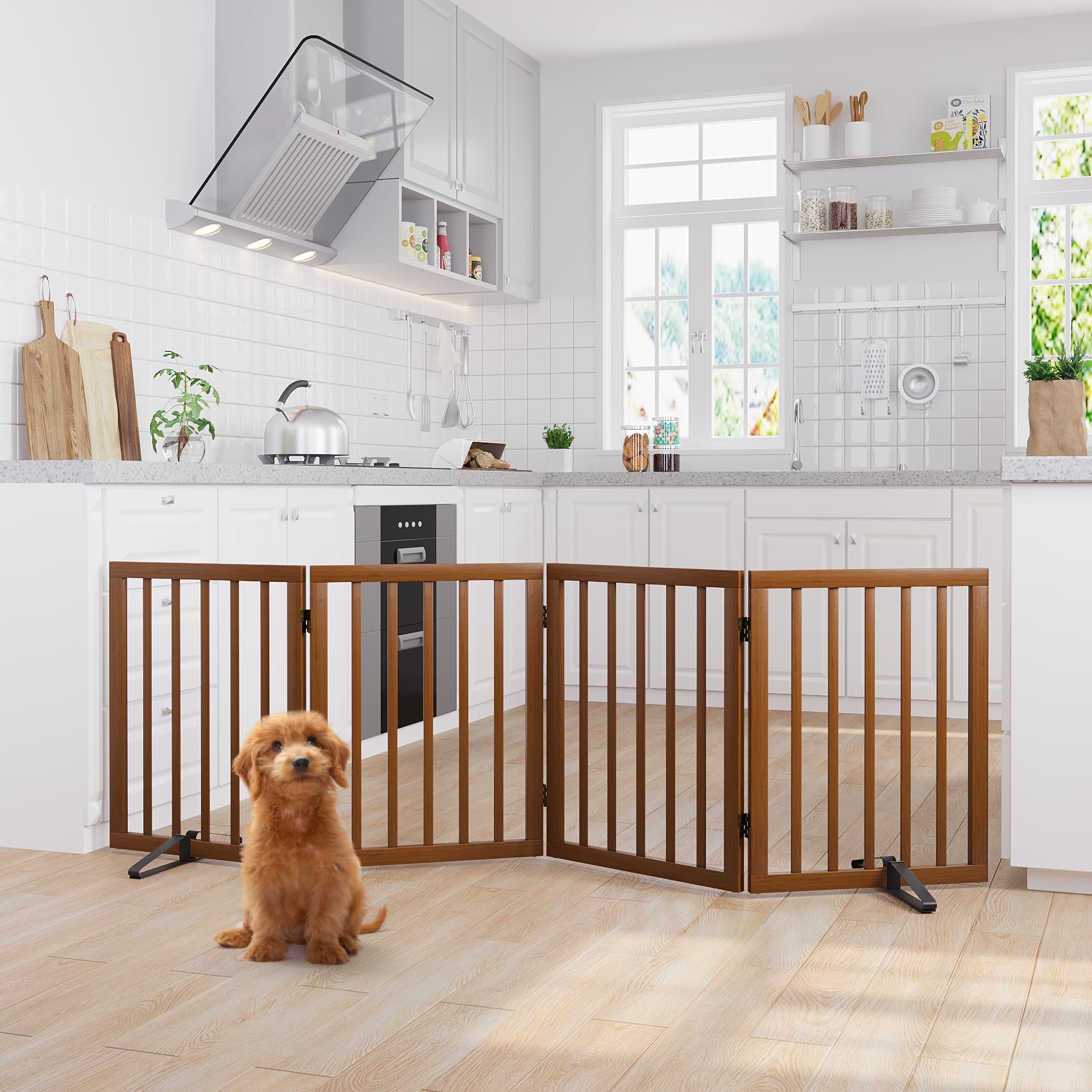 Semiocthome Freestanding Dog Gates and Barriers Indoor Pet Gates for Doorways and Stairs 60cm (H) - 4 Panels Puppy Gate with 2 Metals Stands Adjustable Safety Fence Fit Up to 188cm - Walnut — view 2