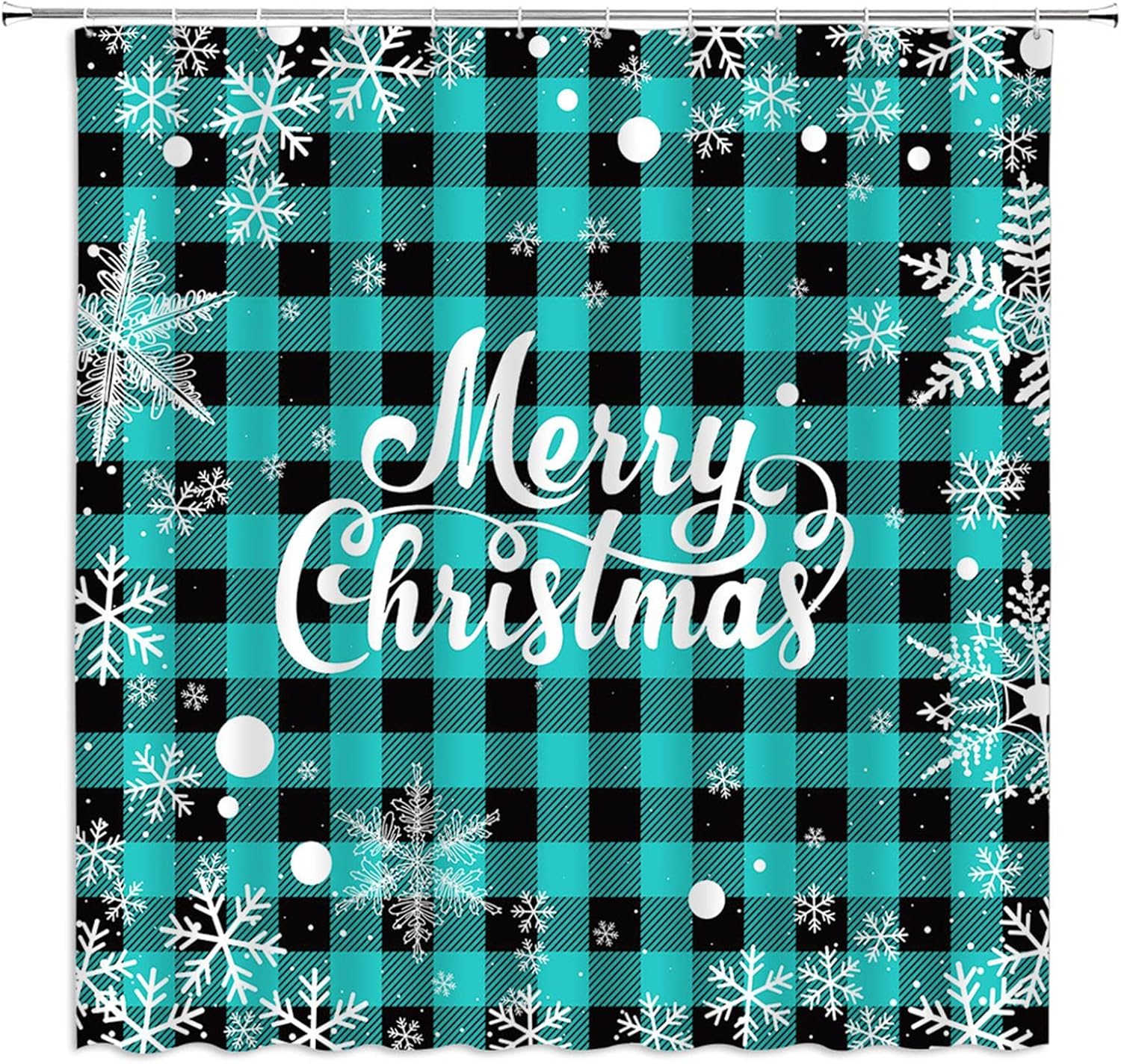 Merry Christmas Shower Curtain Blue Black Buffalo Plaid Vintage Winter Snowflake Rustic Xmas Happy New Year Fabric Bathroom Decor Set with Hooks（84" Wx70 H）