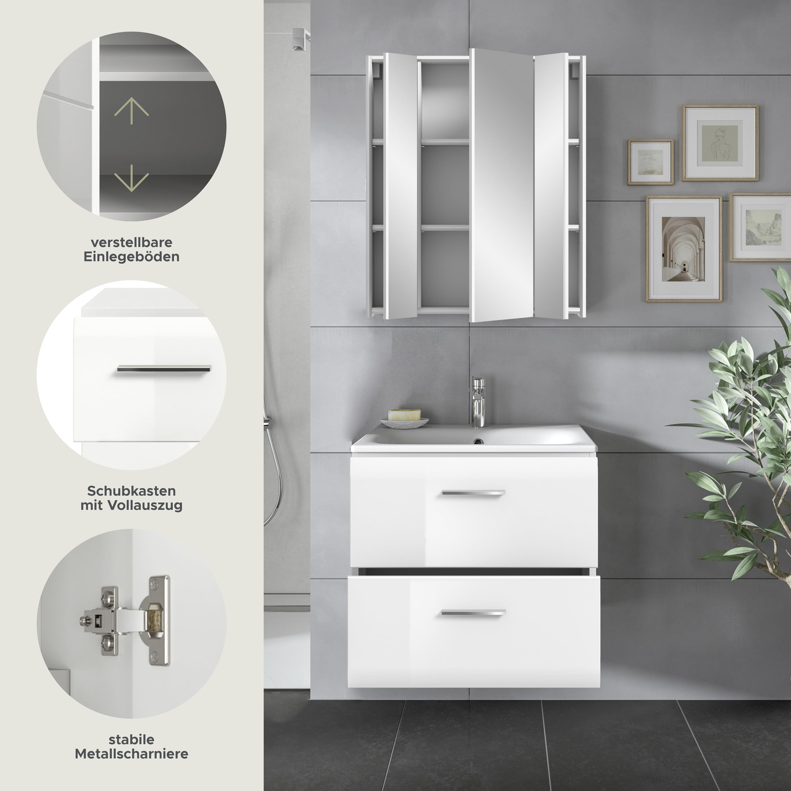 xonox.home – 2 TLG. Badezimmerkombination Ice 60x185x46 cm in Korpus weiß Nachbildung und Front weiß Hochglanz – Hochwertige Badmöbel-Kombi – modern – Bild 8