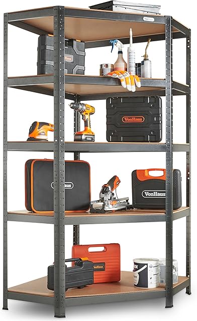 VonHaus Garage Shelving - 5-Tier Heavy Duty Corner Storage Unit - Galvanised Steel Shelves for Garage, Shed and Workshop - Garage Shelving with 875kg Total Capacity, 175KG Per Shelf