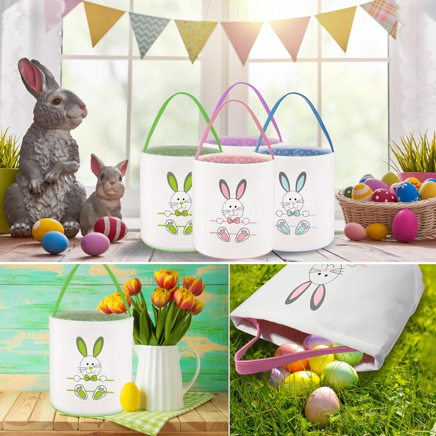 12 Pcs Easter Bunny Basket Egg Bags for Kids Canvas Empty Tote Bags Personalized Bunny Print Buckets for Candy Presents and Eggs Hunt Bag Toys Bucket Boys Girls