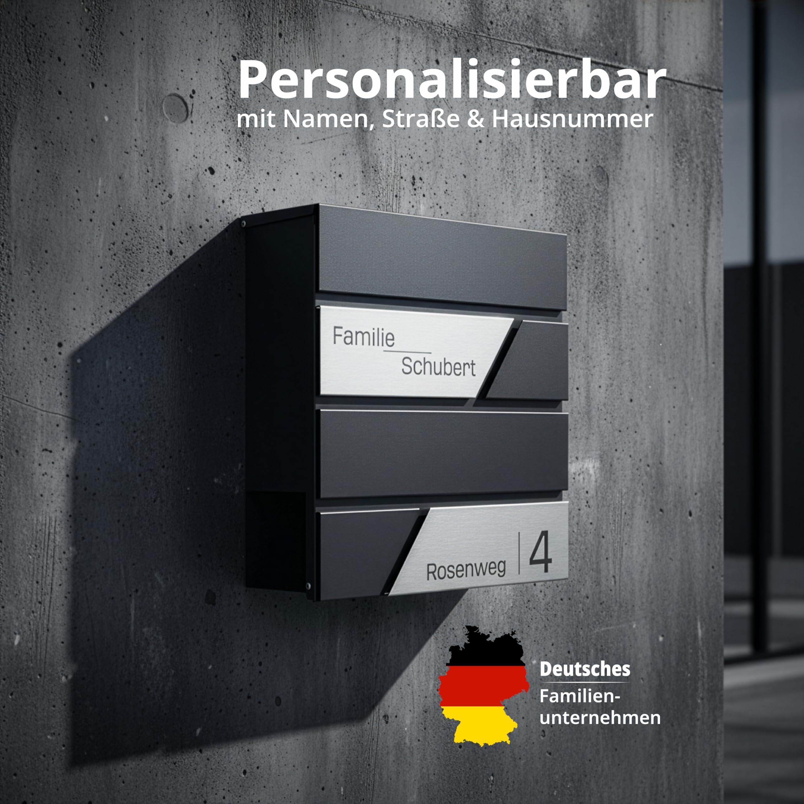 Grafner Premium Briefkasten personalisiert, RAL7016 mit Zeitungsfach und 2 Schlüssel, moderner Postkasten mit Name Straße Hausnummer, anthrazitgrau Wandbriefkasten graviert, mit Montagematerial