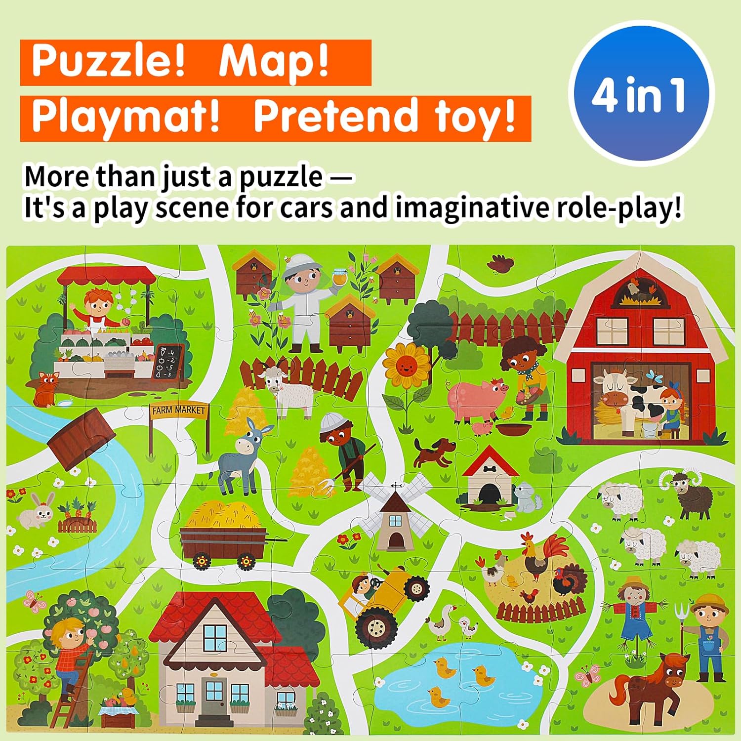 Farm Animals Jumbo Floor Puzzle for Toddles 2-4, Giant Adventure Track Jigsaw Puzzles for Kids Ages 3-5 (48 Piece 35.4x23.4 Inch Thick Cardboard), Educational Toys for Preschooler 4-6 Year Old