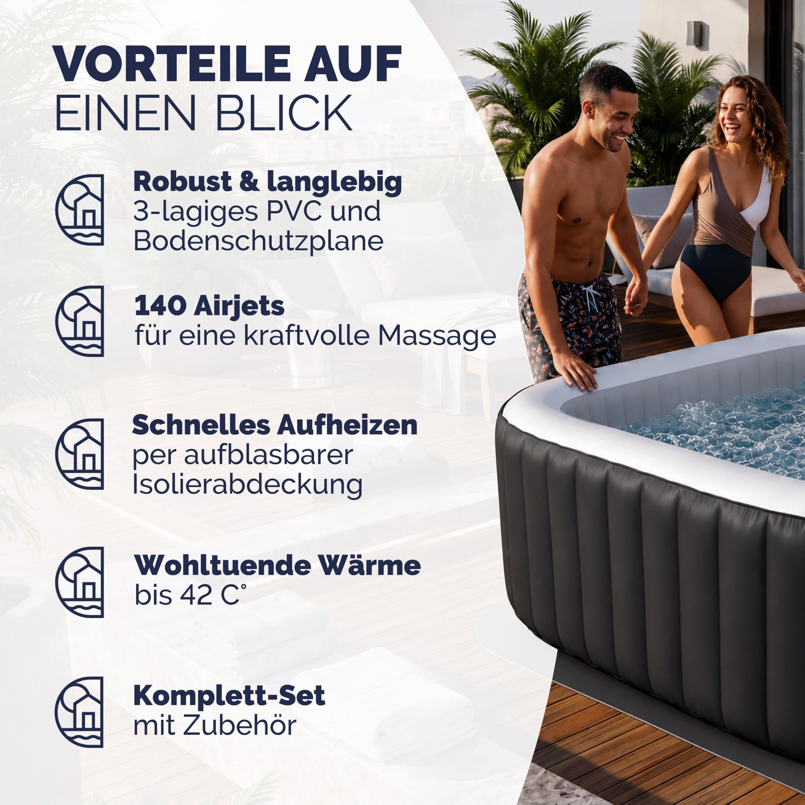 Casaria Aufblasbarer Whirlpool 178x178cm 6 Personen 140 Düsen bis 42°C Winterfest mit Frostschutz 3-lagiges PVC Spa Pool Abdeckung Filter & Zubehör Für In & Outdoor eckig