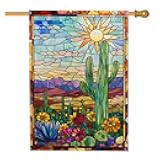Cactus Desert Garden Flag, Colorful Southwest Sunrise Home Decor Banner, Double Sided Burlap Yard Flag for Spring Summer Outdoor Lawn Decoration 28x40 Inch