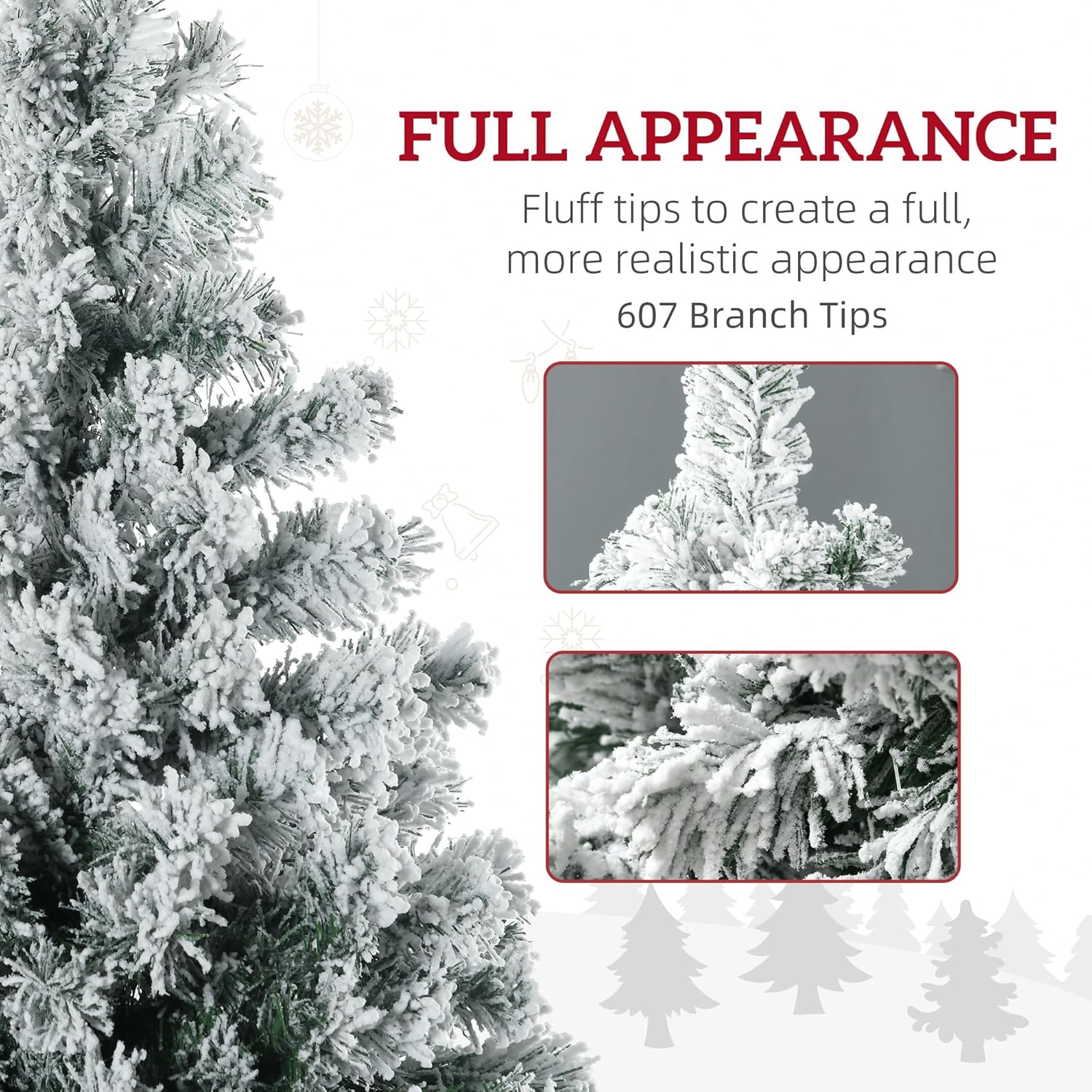 HOMCOM 6ft Prelit Artificial Christmas Tree, Xmas Tree with 350 Warm White or Colorful LED Lights, 607 Snow Flocked Branches and Steel Base, Holiday Decor