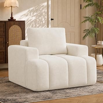 44" Oversized Boneless Accent Chair, Wide Foam Single Sofa Chair with Pillow, No Assembly Single Boneless Couch, Upholstered Memory Foam No Bones Armchair for Living Room, Bedroom, Small Spaces, Beige