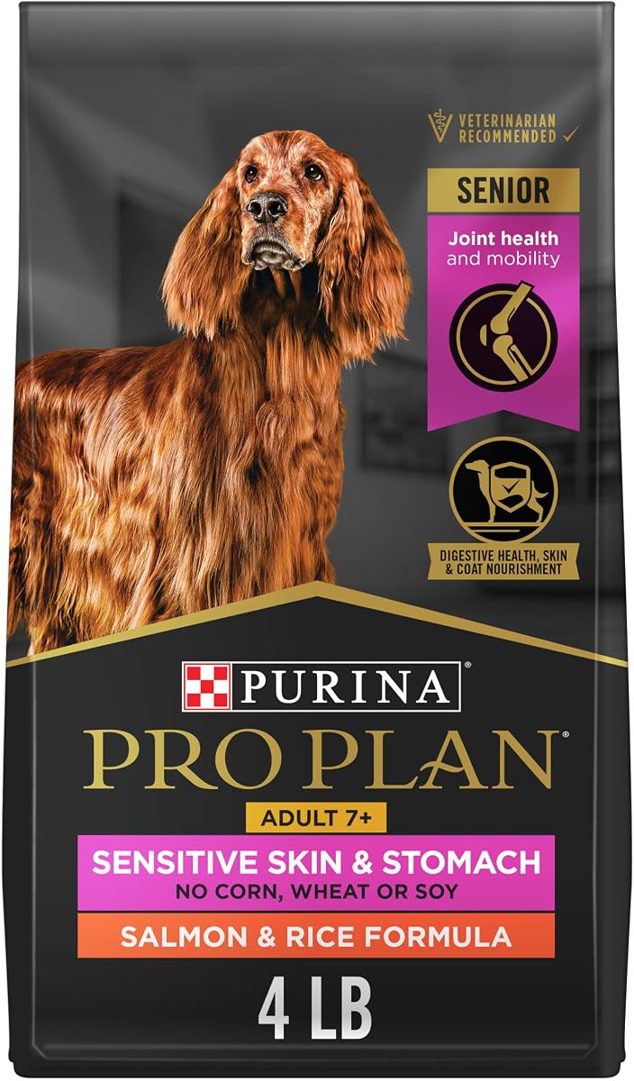Purina Pro Plan Sensitive Skin and Stomach Dry Dog Food Senior Adult 7 Plus Salmon and Rice Formula - 4 lb. Bag | Adult 7+ Senior dog food, Salmon & Rice, high protein, easily digestible, Omega-3 fatty acid for joint health and mobility