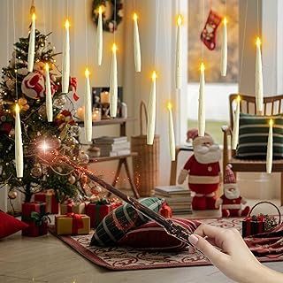 Christmas Floating Candles with Wand, 12 Pack Flameless Candles with Flickering Flame, Battery Powered Xmas Candles with Wand, Flameless Magic Hanging Taper Candles for Christmas Decor, Ivory