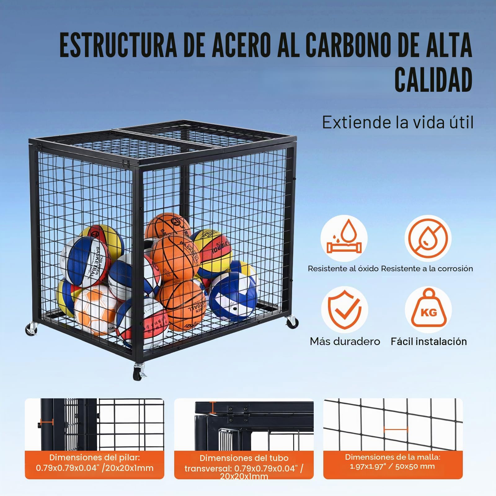 VEVOR Carro de Bolas con Cerradura 85x67,5x82,5 cm Jaula Móvil de Almacenamiento de Bolas con 4 Ruedas de Acero y Frenos Organizador para Equipo Deportivo Gimnasio Escuela Garaje Interior Exterior