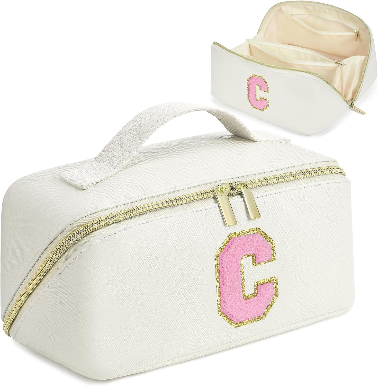 Makeup Bag for Women, PU Leather Travel Toiletry Bags, Initial Make Up Cosmetic Pouch for Teen Girls, Wide Open Portable Skincare Bag, Personalized Birthday Gifts Graduation Gifts, White C