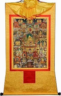 Gandhanra Guru Rinpoche and Wealth Deities Thangka Tibetan Thangka Art - Hot Stamped Buddha Tapestry for Zen Home Decor, Meditation, Spiritual Relaxation, and Peace