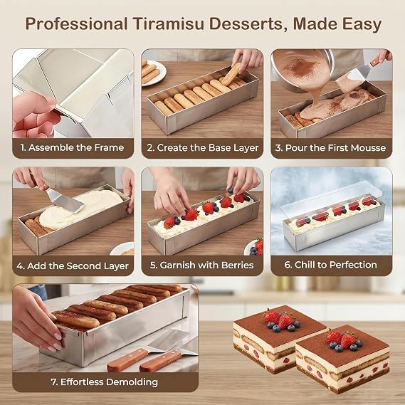 2 Pcs Tiramisu Pan Stainless Steel Rectangle Cake Pan Set with Acrylic Lid and 2 Metal Spatula- Nonstick Baking Mold for Cheesecake, Mousse & Desserts