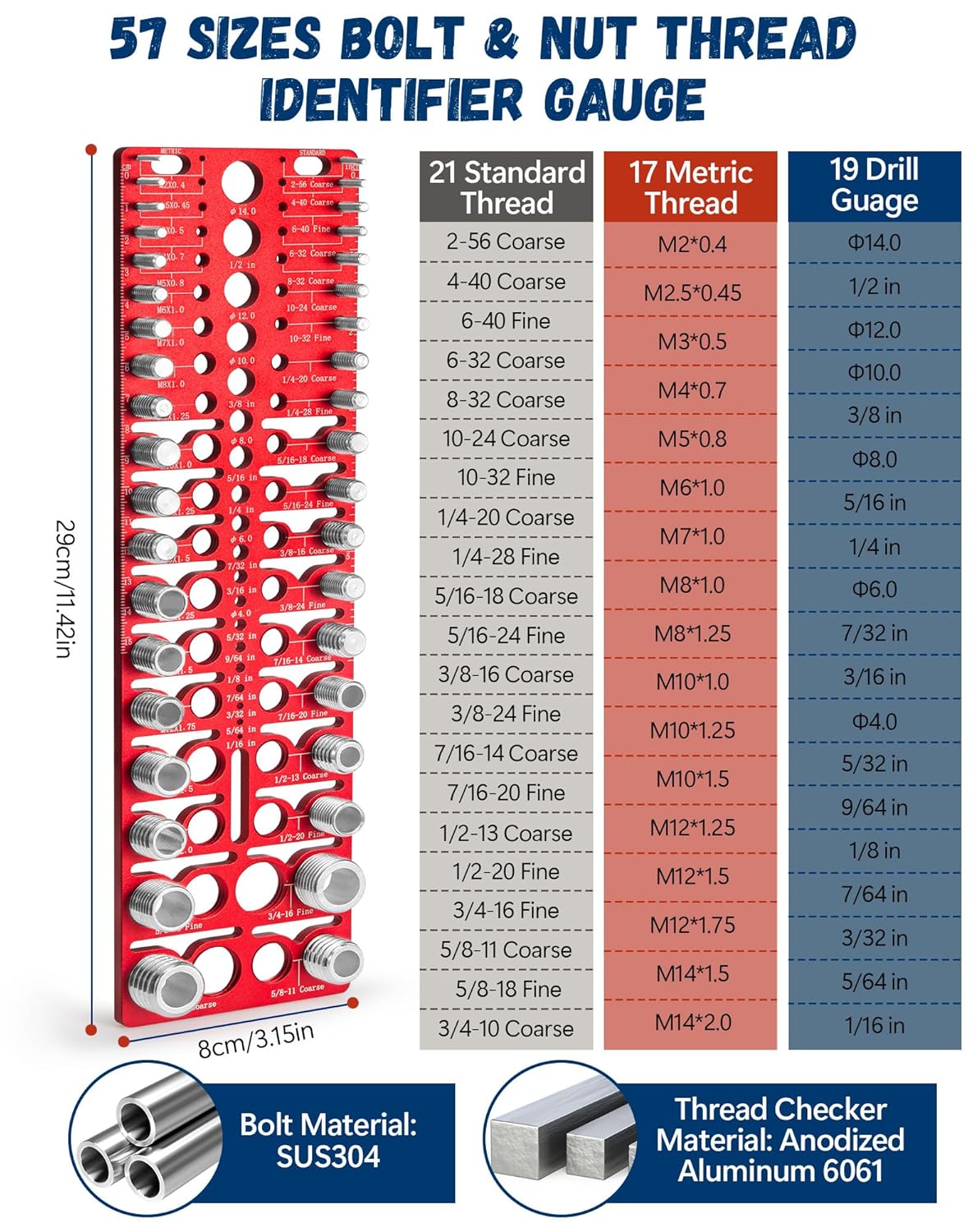 57 nut and bolt thread checker - thread checker standard and metric bolt and nut identifier gauge 21 standard & 17 metric & 19 drill gauges thread gauge screw size and thread gauge inch & metric