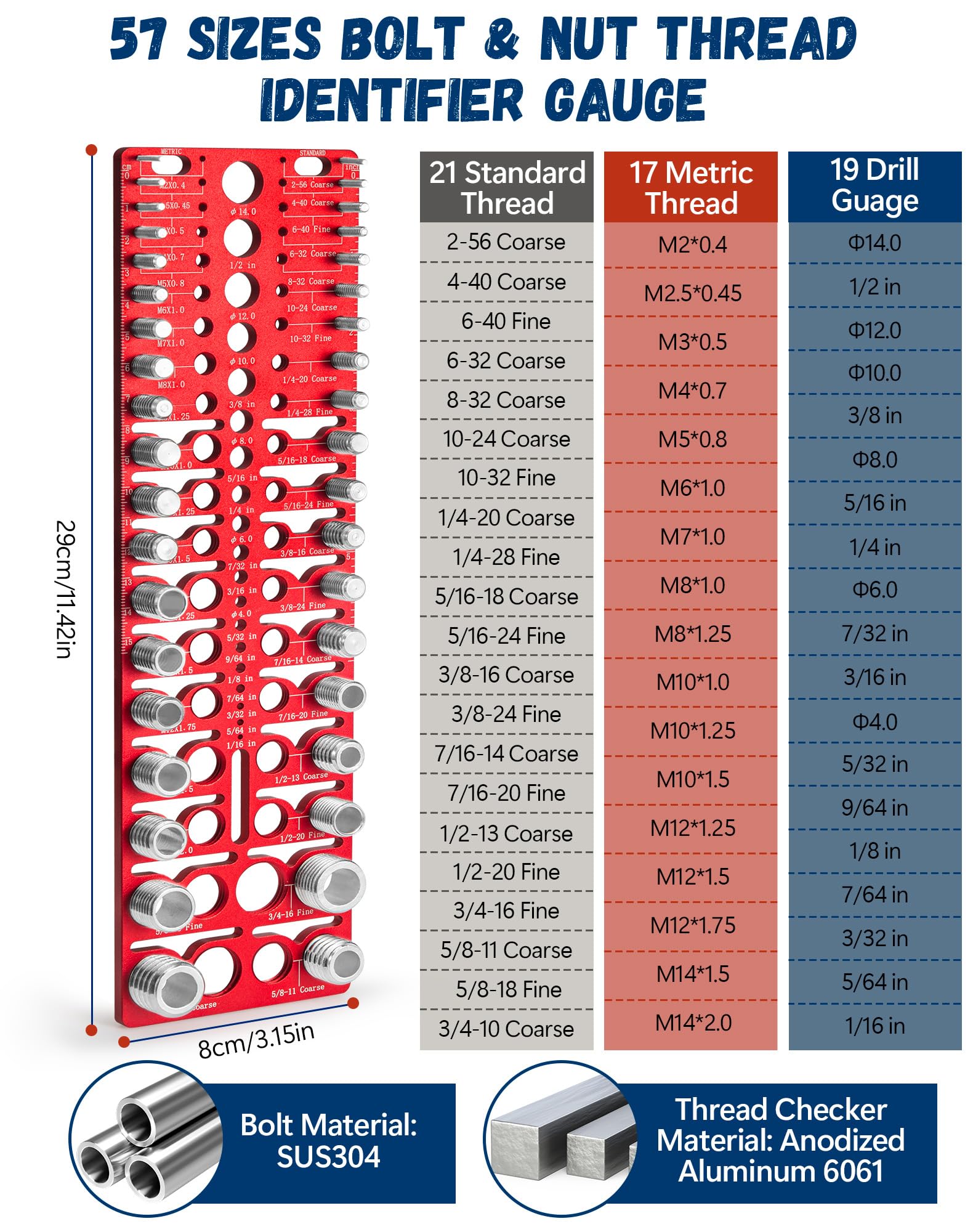 Nut & Bolt Thread Checker - 57 Sizes -2