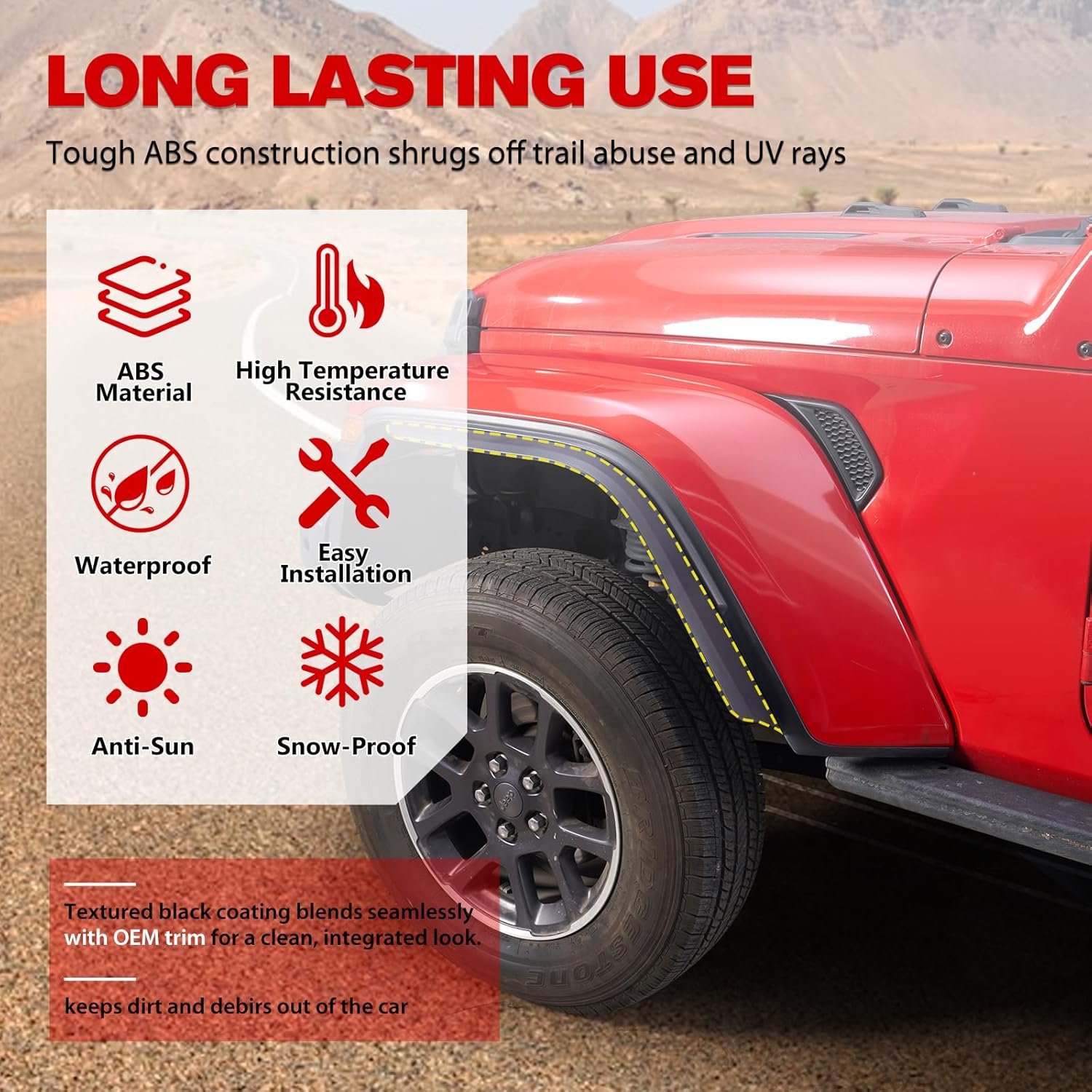 FieryRed Fenders Front & Rear Fenders Compatible with 2020-2023 Wrangler JT Lower Wheel Eyebrow, Off-Road Wheel Flares Liner Set 4 PCS (Not Fit for JT Rubicon/Mojave)