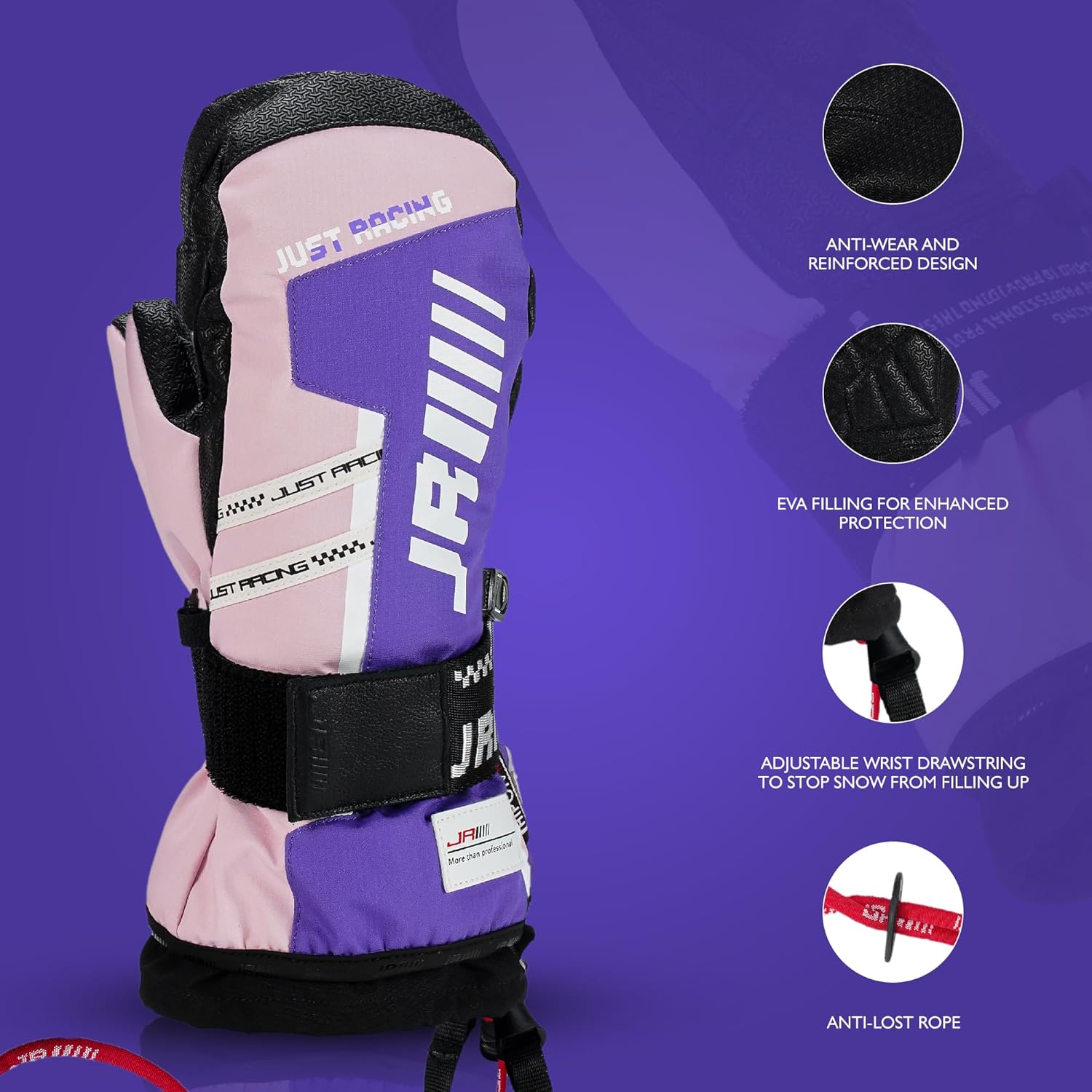 Waterproof Snow Mittens for Kids, Breathable & Warm Winter Gloves, Snow Stopper Wristband, Anti-Lost Rope