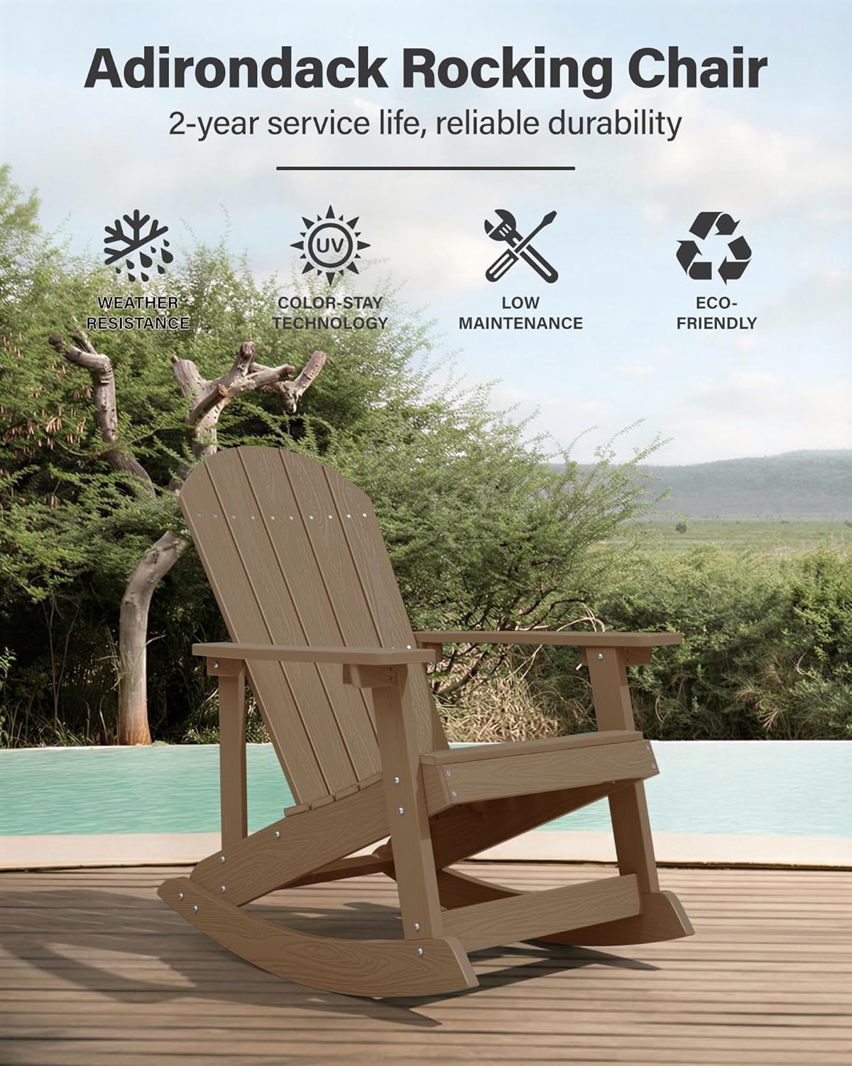 YEFU Outdoor Rocking Chair Set of 2,Adirondack Rocking Chair,Patio Rocker Chair with Wide Back,Oversized Rocker Chair Look Like Real Wood, for Lawn, Porch, Backyard, Indoor and Garden(Teak)