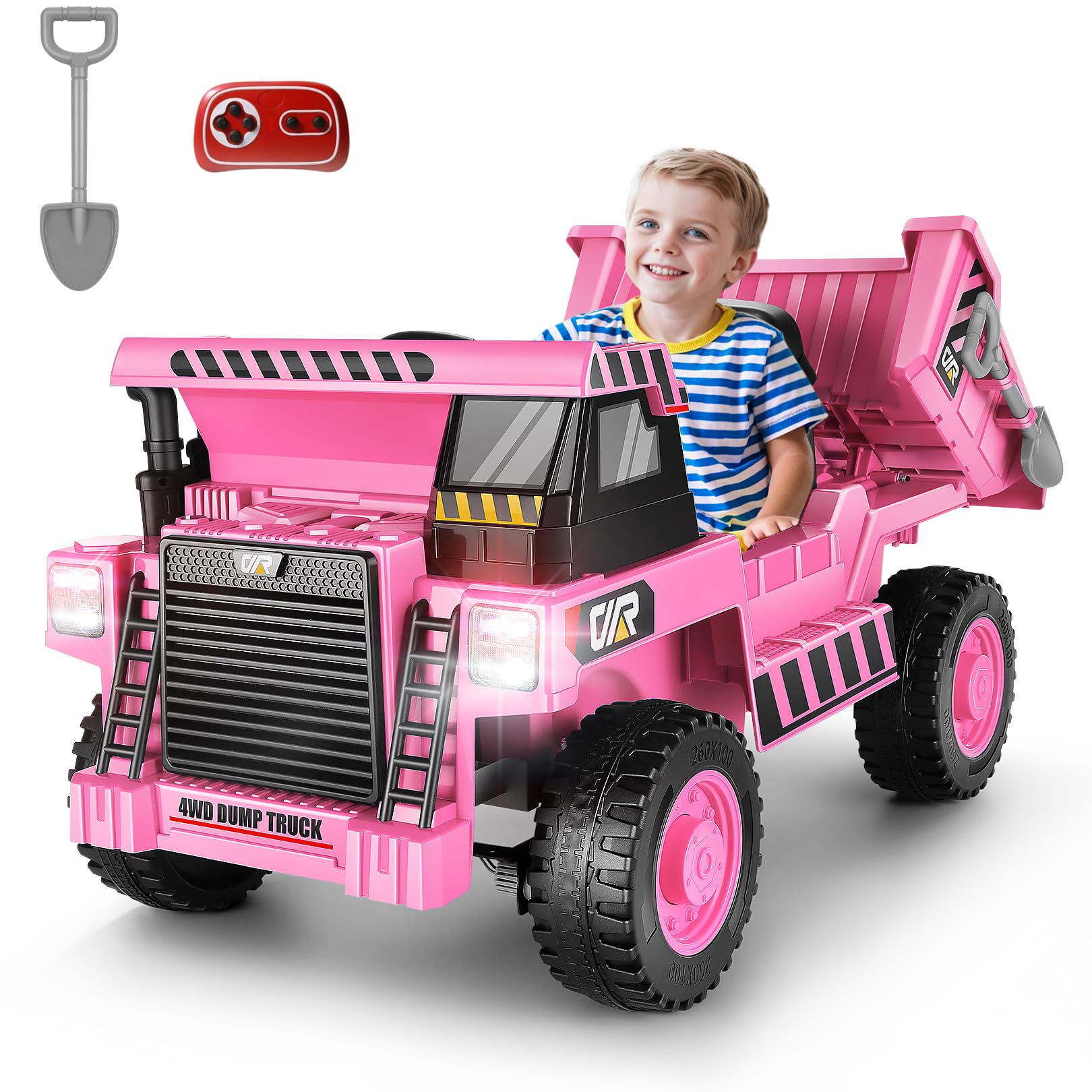 Hikole Ride on Dump Truck for Kids with Electric Dump Bed,12V 4WD Ride on Toys Car w/Remote Control and Extra Shovel, Electric Car for Kids Ages 4-8 with Music Player, Led Light, Pink