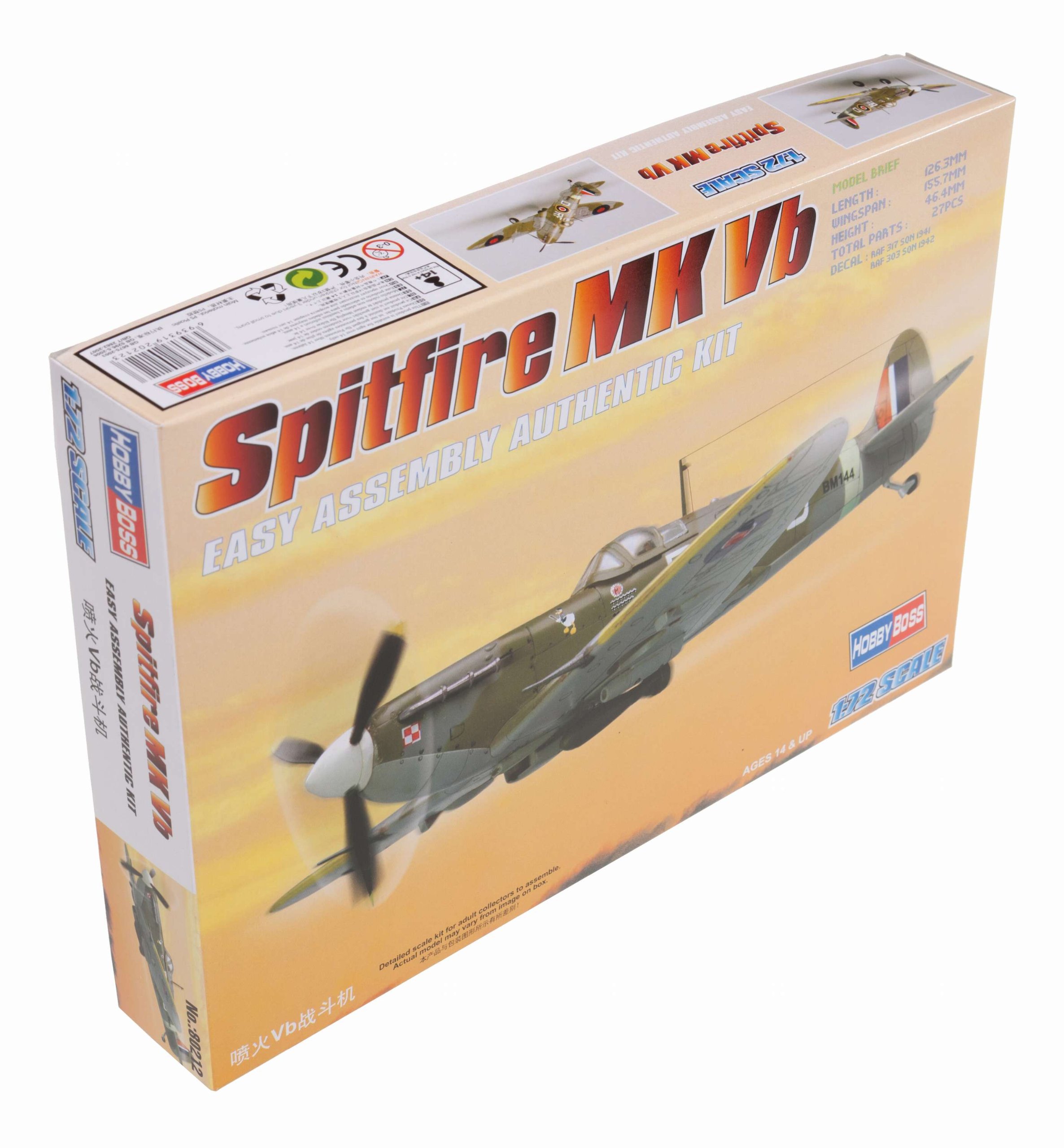 Hobbyboss 1:72 Scale Spitfire Mk VB Assembly Authentic Kit