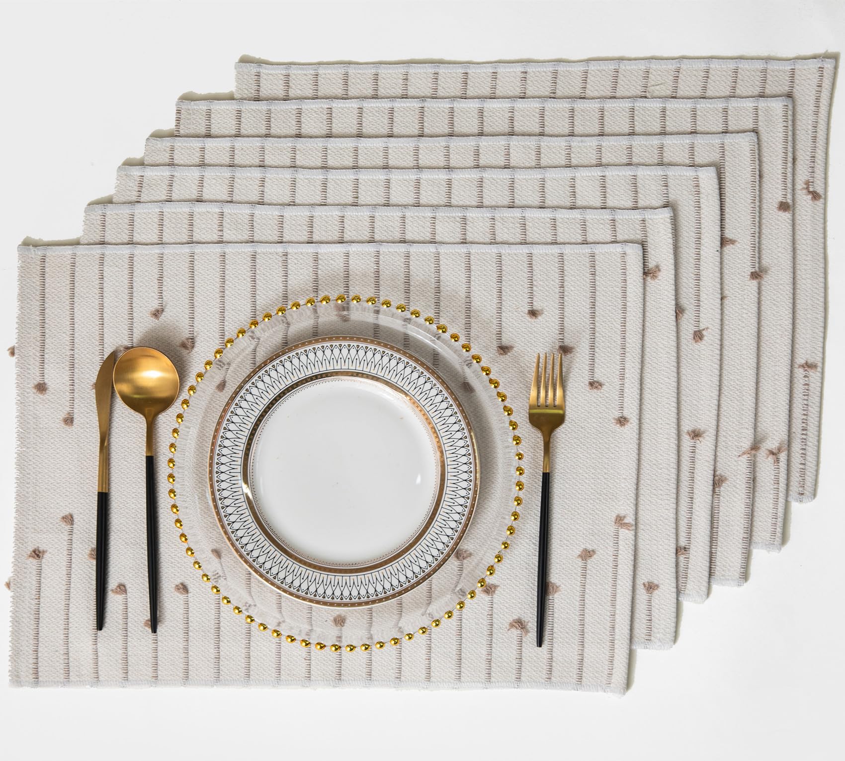 Placemats Set of 6 for Dining Table Décor, Woven Cloth Place Mats for Farmhouse Kitchen Tabletop, Handcrafted Machine Washable Cotton Table mats 13 x 19 Inch, Taupe and Beige