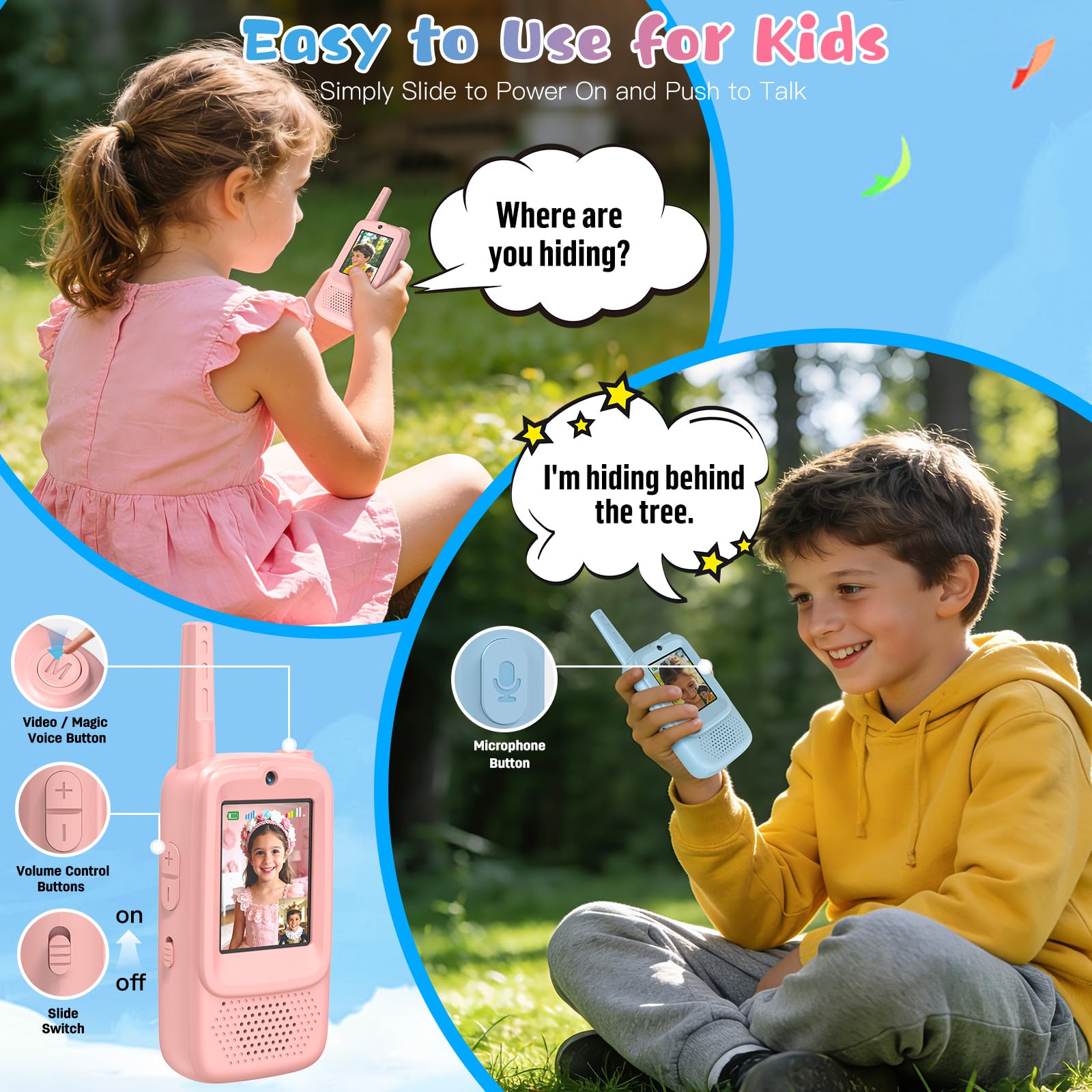 ZealSound Talkie Walkie Enfant Vidéo, Lot de 2 Rechargeables, 3 Effets Vocaux, Portée 200–300 m, Jouet Outdoor pour Filles et Garçons 3–12 Ans, Camping, Jardin, Cadeau Enfant, Q8 Bleu/Rose