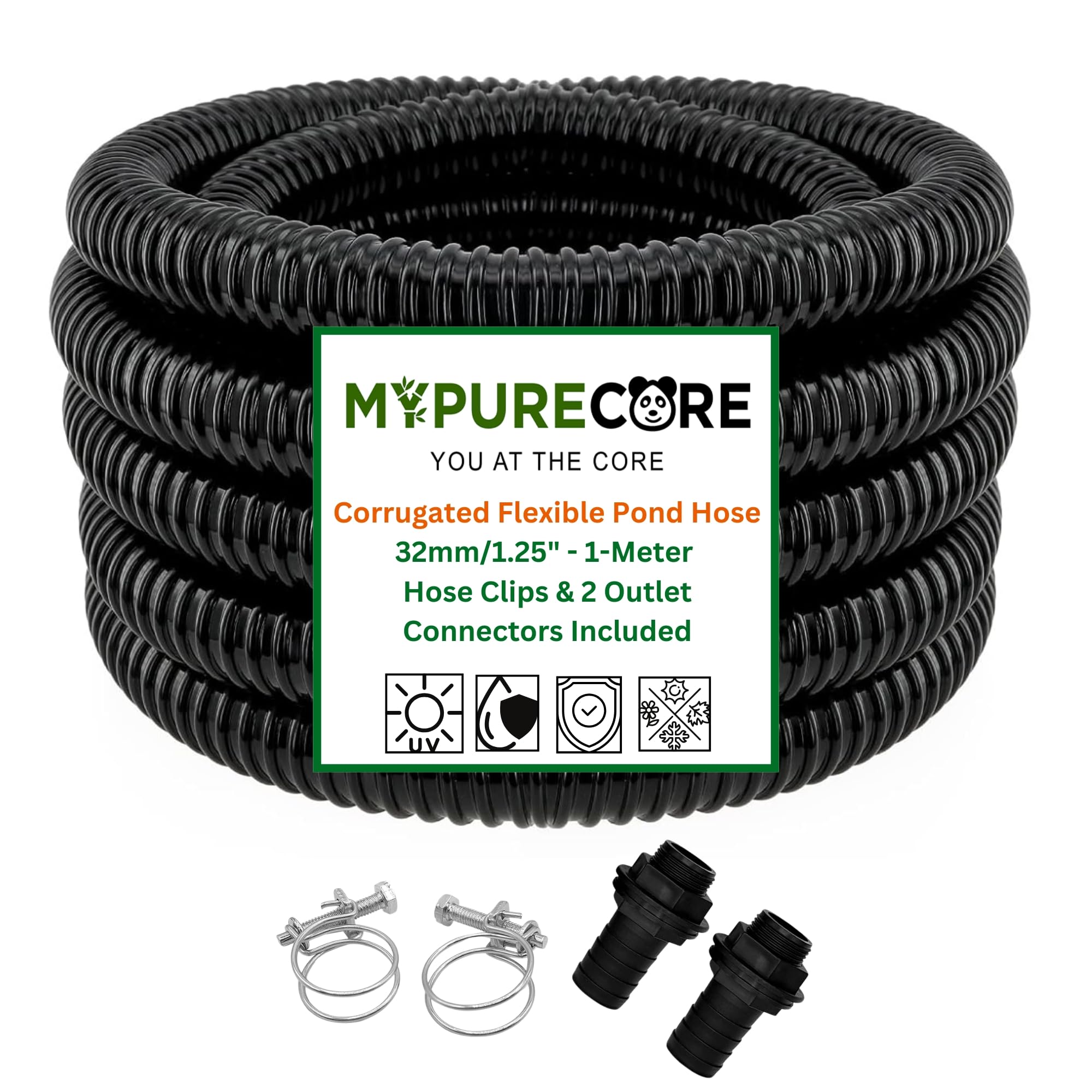 Mypurecore You At The Core Black Mypurecore Corrugated Flexible Pond Hose Set – 32Mm / 1.25" Pvc Hose With 2 Double-Wired Metal Clips & 2 Barbed Water Tank Outlet Connectors – For Pond Pumps, Waterfalls & Drainage (2-Meter)