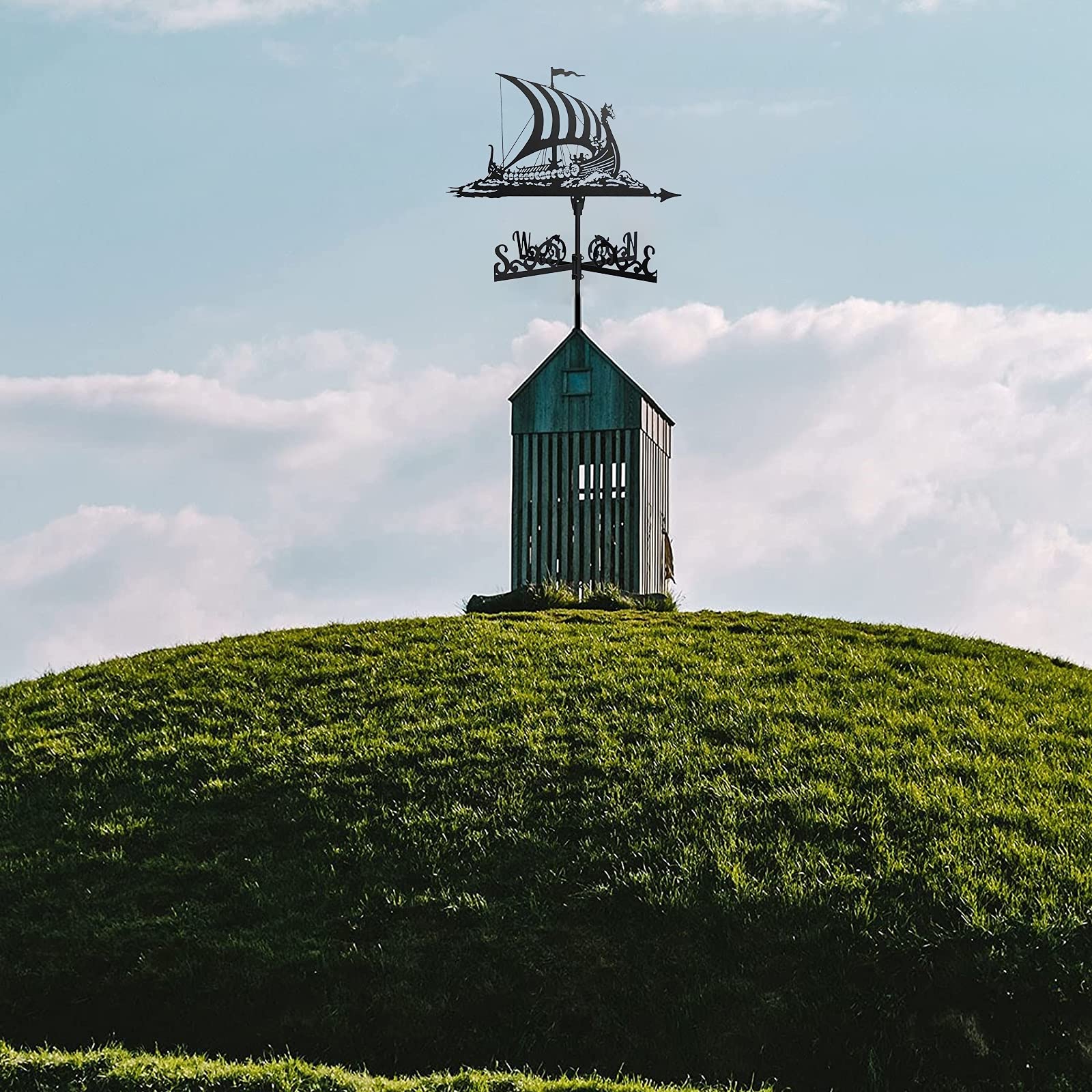 Wetterfahne aus Metall mit Wikinger-Schlachtschiff-Ornament, Wetterfahne, Gartenpfahl, Windrichtungsanzeiger mit Anti-Rost-Beschichtung für Hofdachmontage