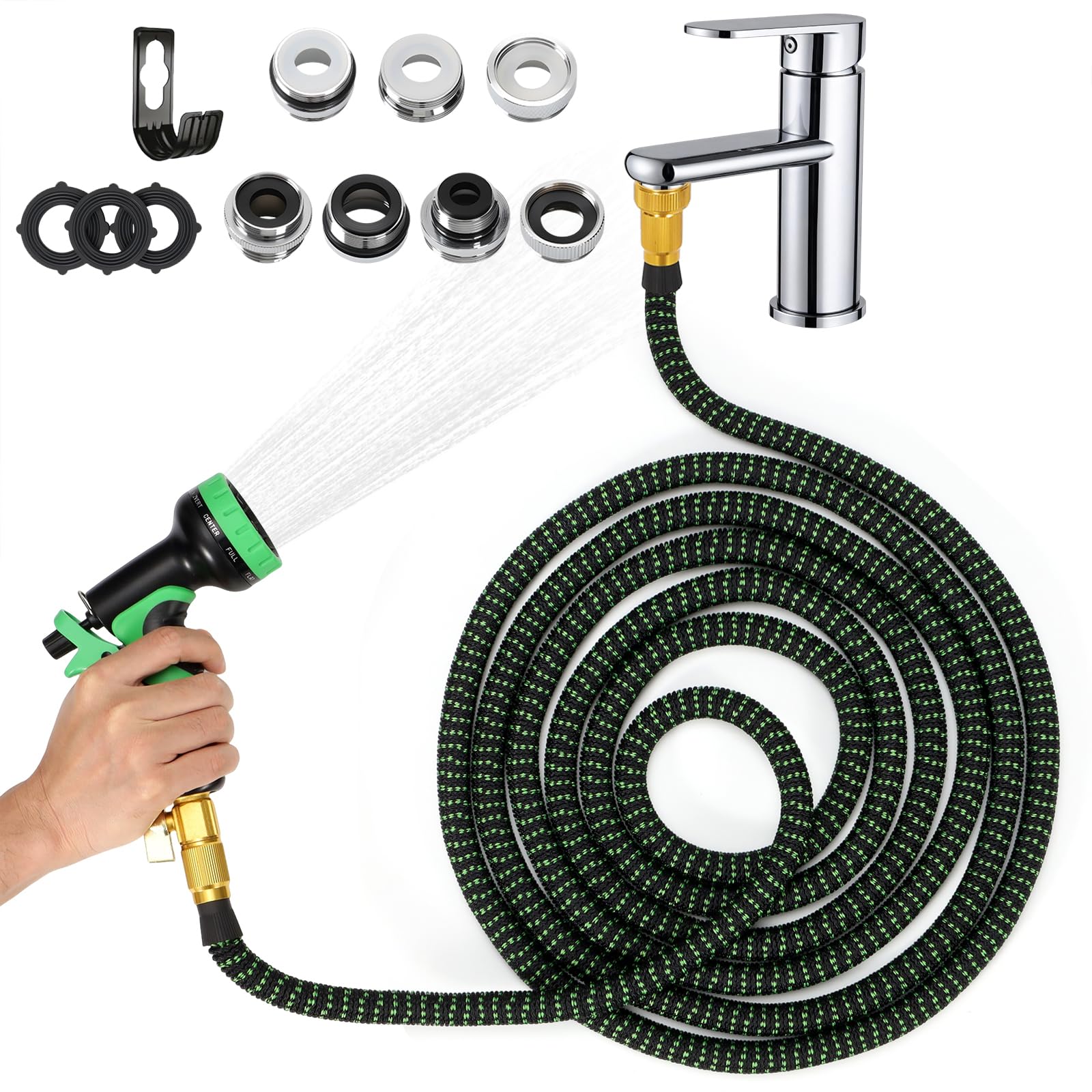 Photo 1 of Amcortn 75FT Indoor Sink Hose Attachment for Faucet with 7 Adapters, Faucet Hose for Kitchen Sink Bathroom Sink Faucet, 10-Function Nozzle, Watering Houseplants, Washing Pets Car, Household Cleaning