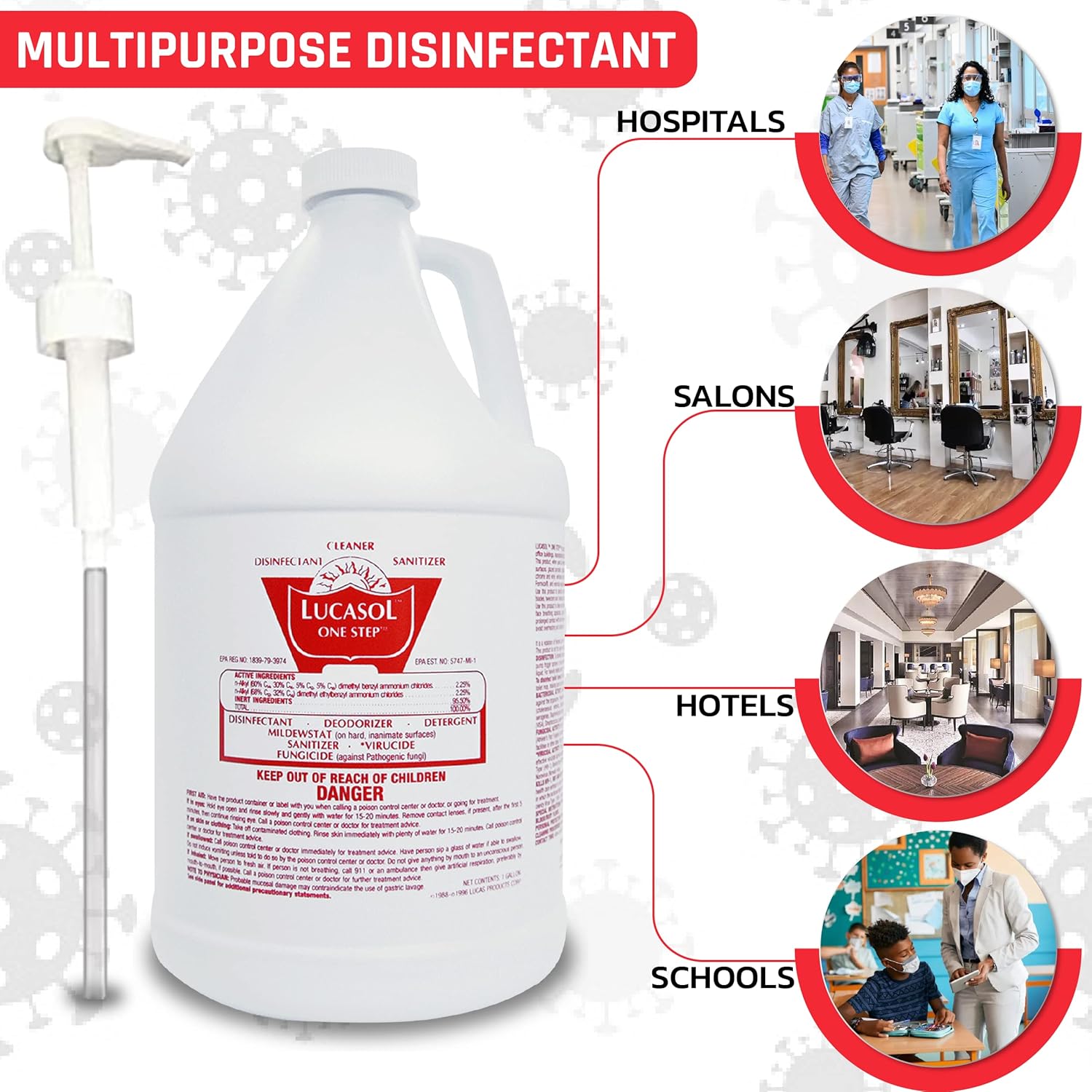 Lucasol One Step Disinfectant 1-Gallon with Attachable Pump Dispenser, All-Purpose Cleaner for Hospitals, Schools, Salons, Household Use and More